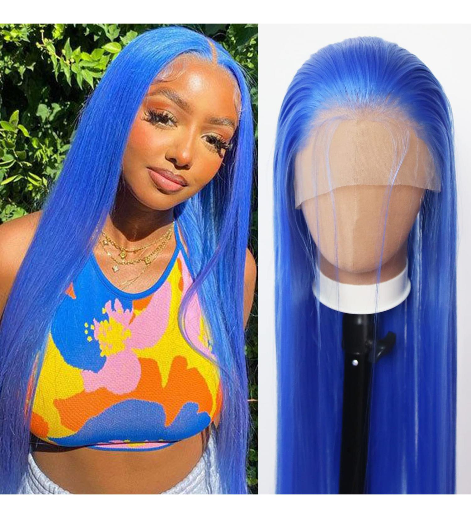 Blue Synthetic Lace Front Wig - Long Straight Hair for Black Women | Heat Resistant Fiber | Cosplay & Daily Wear - Buy Online on SooperMarket.com