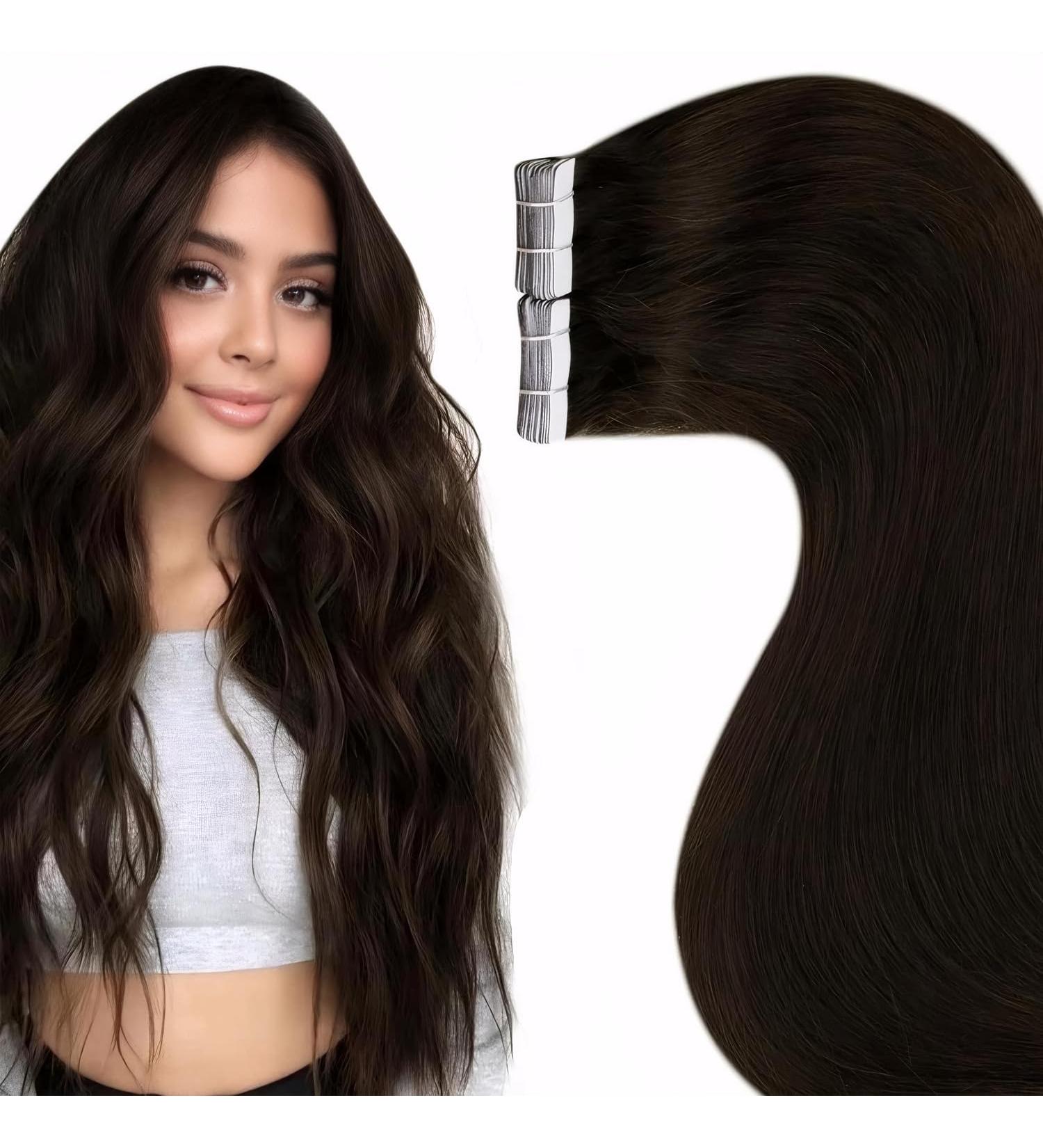 Shop Laavoo Dark Brown Real Hair Tape Extensions - 45cm Seamless & Invisible - 20 Pieces (50g) - Perfect Hair Recovery Solution - Buy Online on SooperMarket.com