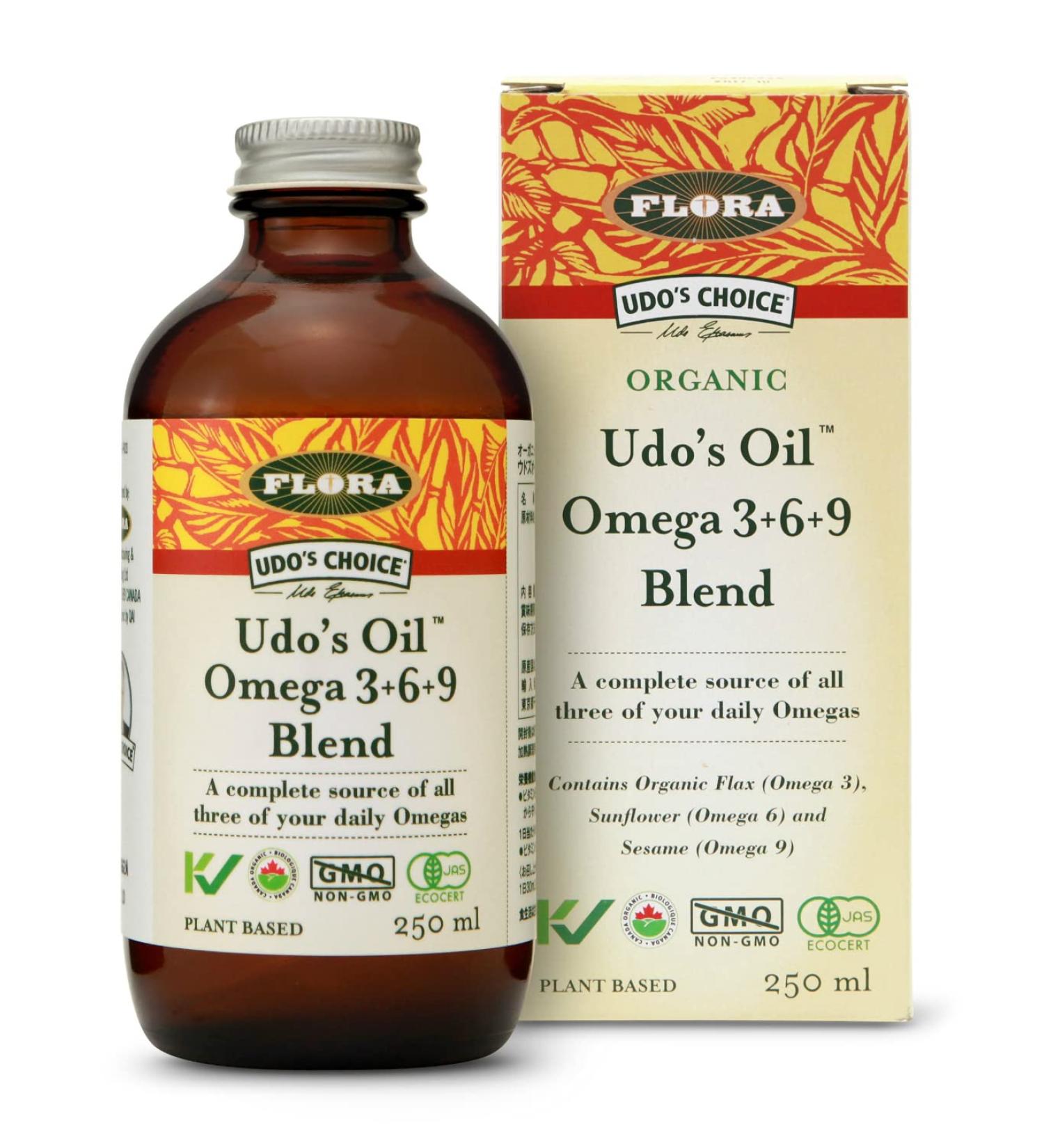 Flora - Udo s Oil Omega 3+6+9 Blend 100% Sustainable Plant-Based Balanced 2:1 Ratio of Omega-3 & Omega-6 Non-GMO + Organic + Vegan + Keto-Friendly 250 mL Liquid Glass Bottle - Buy Online on SooperMarket.com