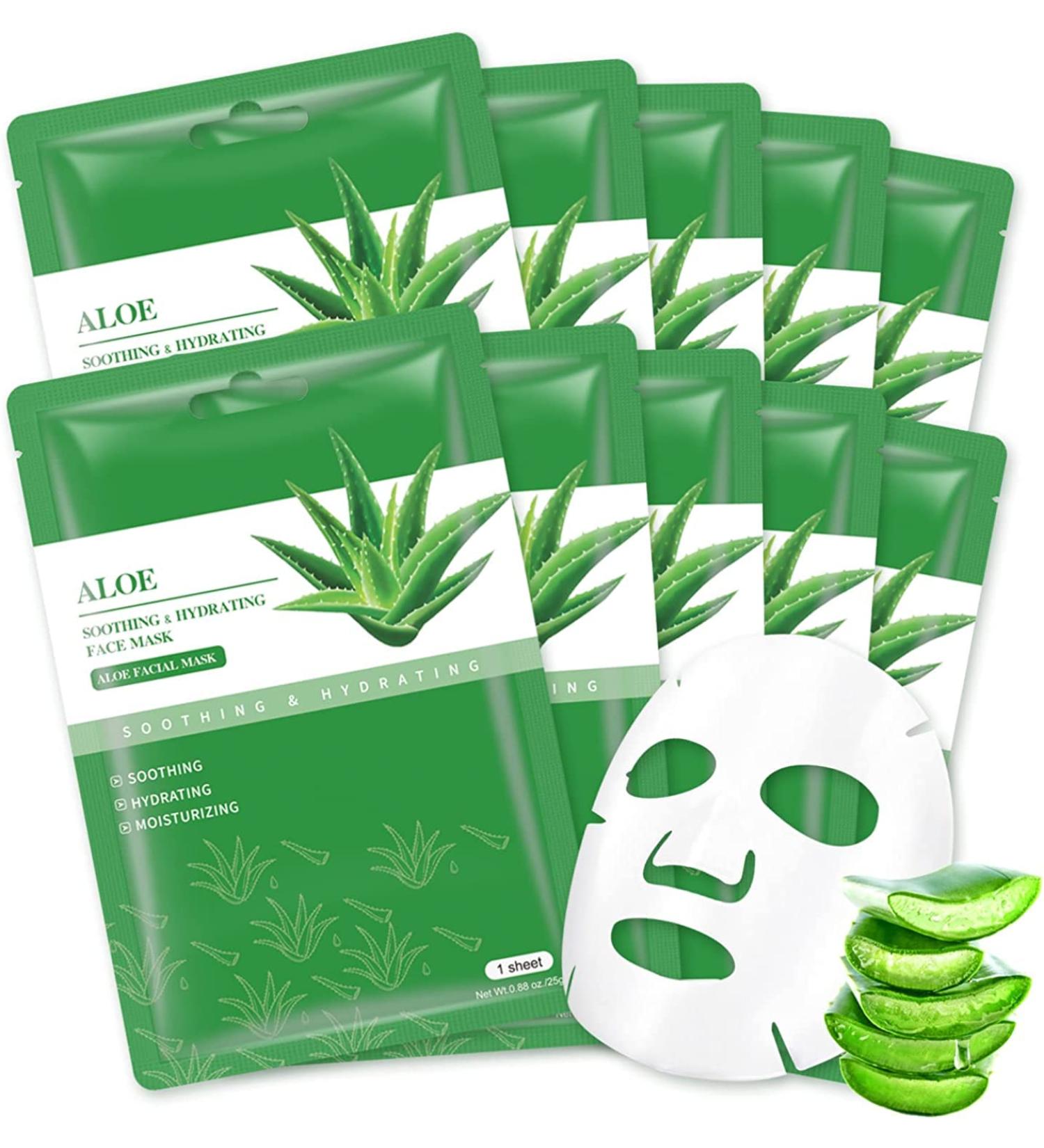 Aloe Vera Soothing Face Mask 10-Pack for Hydrating and Moisturizing Skincare - Ideal for Dry, Oily, and Sensitive Skin - Acne, Sun Care, and Calming Benefits - 25ml/0.88oz per Sheet - Buy Online on SooperMarket.com