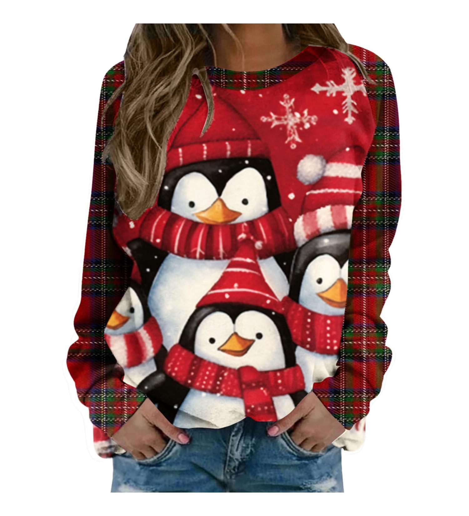 Women's Christmas Snowman & Penguin Sweatshirt - Cozy O-Neck Raglan Top for Winter Holidays - Buy Online on SooperMarket.com