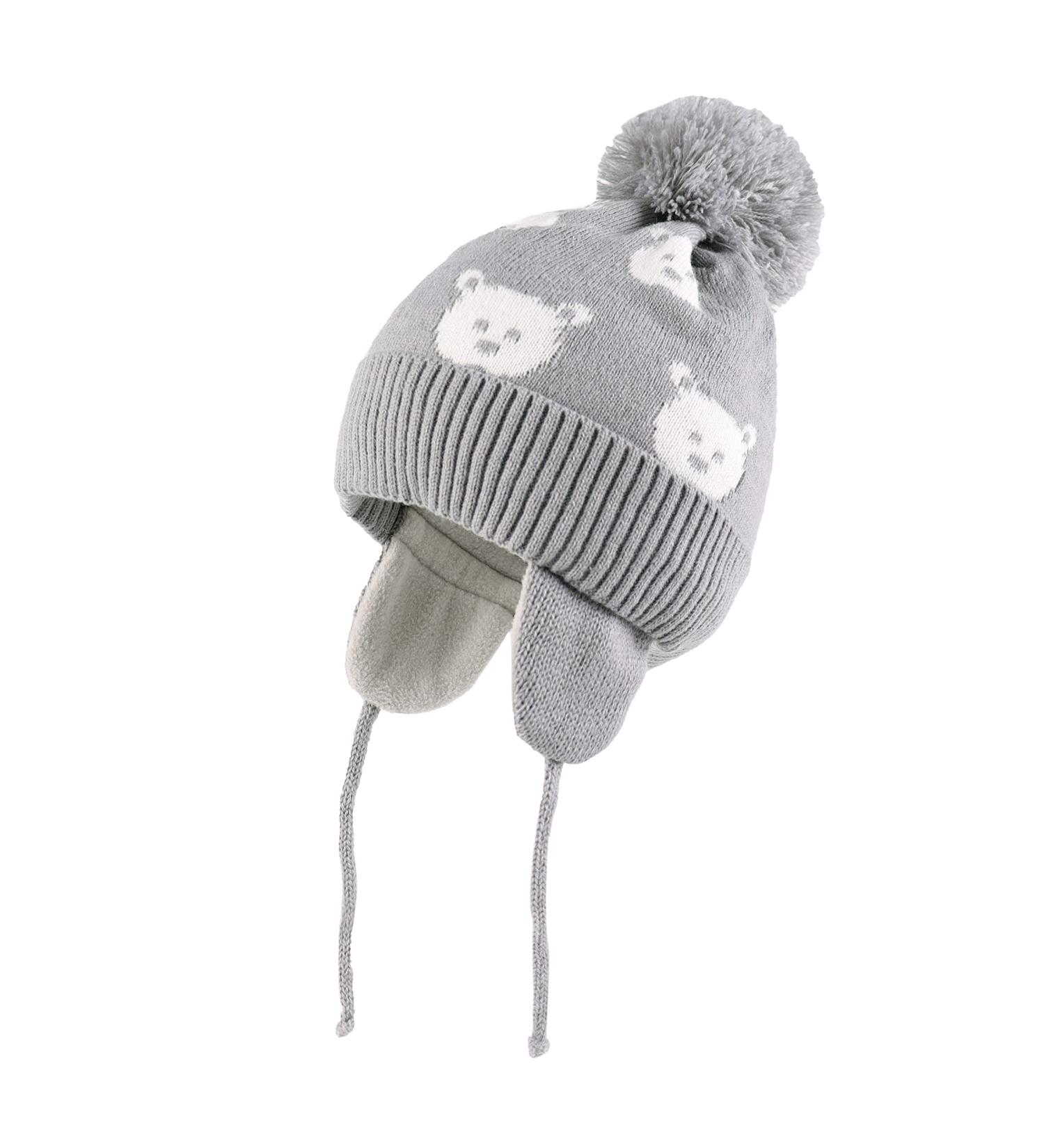 LANGZHEN Toddler Kids Winter Hat Earflap Knit Cap | Fleece Lined Beanie for Baby Boys Girls 2-4 Years - Light Grey-Bear - Buy Online on SooperMarket.com