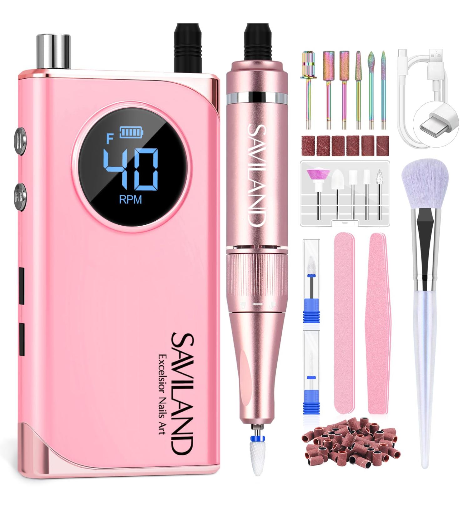 SAVILAND Electric Nail Drill - 40000RPM Professional Pink Nail Filer with 13 Bits for Acrylic Gel & Dip Nails | Home Salon Tool - Buy Online on SooperMarket.com