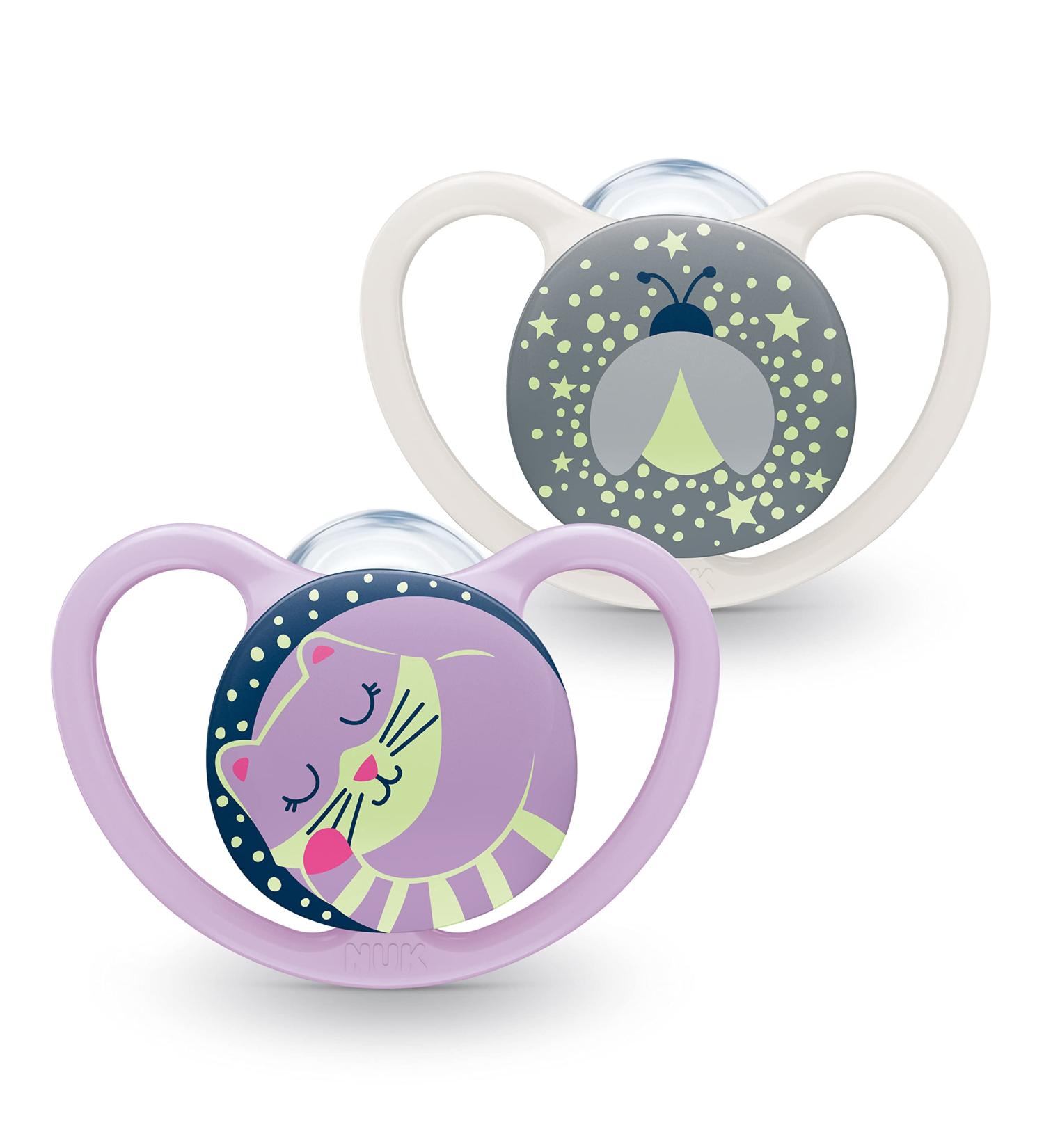Nuk Space Night Pacifier | 18-36 Months | BPA-Free Silicone with Light & Ventilation | 2-Pack Purple Cat & Fireflies - Buy Online on SooperMarket.com
