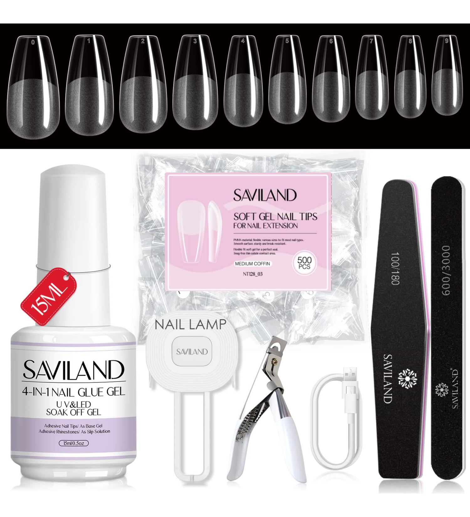 Saviland Gel X Nail Kit - 4-in-1 Nail Glue Gel with 36W Curing Lamp and 500PCS Coffin Nail Tips | DIY Nail Extension Home Kit for Women - Buy Online on SooperMarket.com
