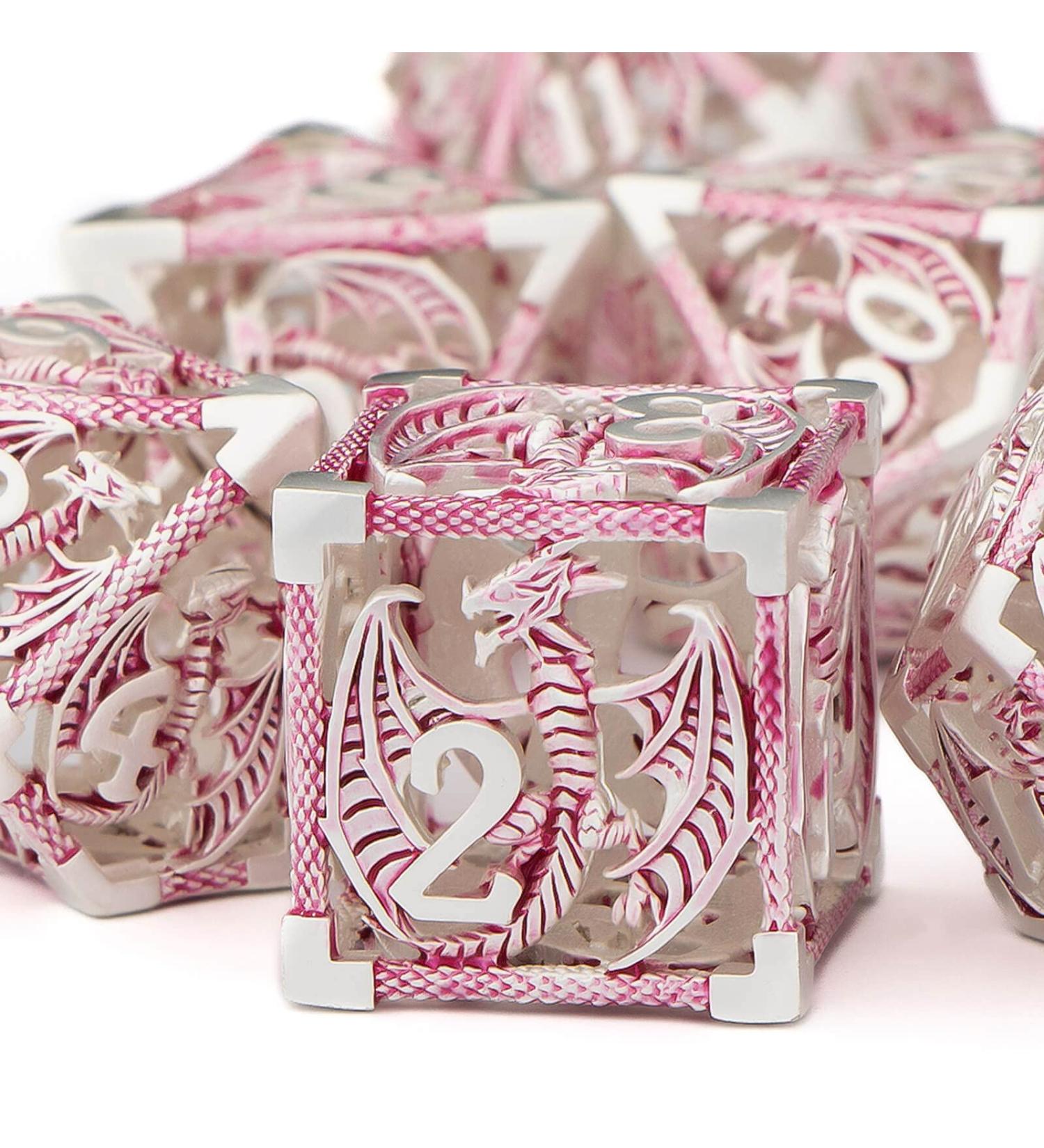 Metal Hollow Dragon Dice Set with Box - Custom RPG Dungeons and Dragons D&D Polyhedral Dice in Purple and Pink - Buy Online on SooperMarket.com