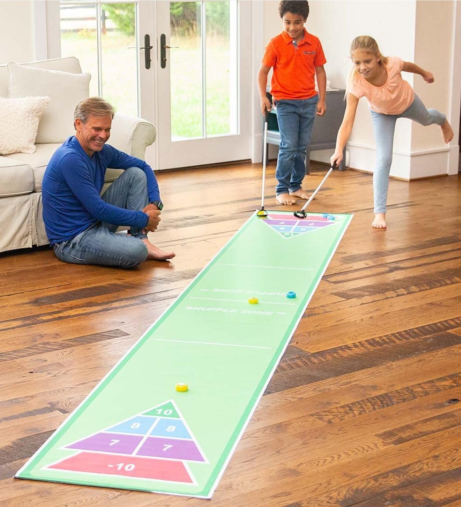 HearthSong Shuffle Zone Shuffleboard Family Game Set - 13ft Mat, 2 Cues, 8 Pucks - Buy Online on SooperMarket.com