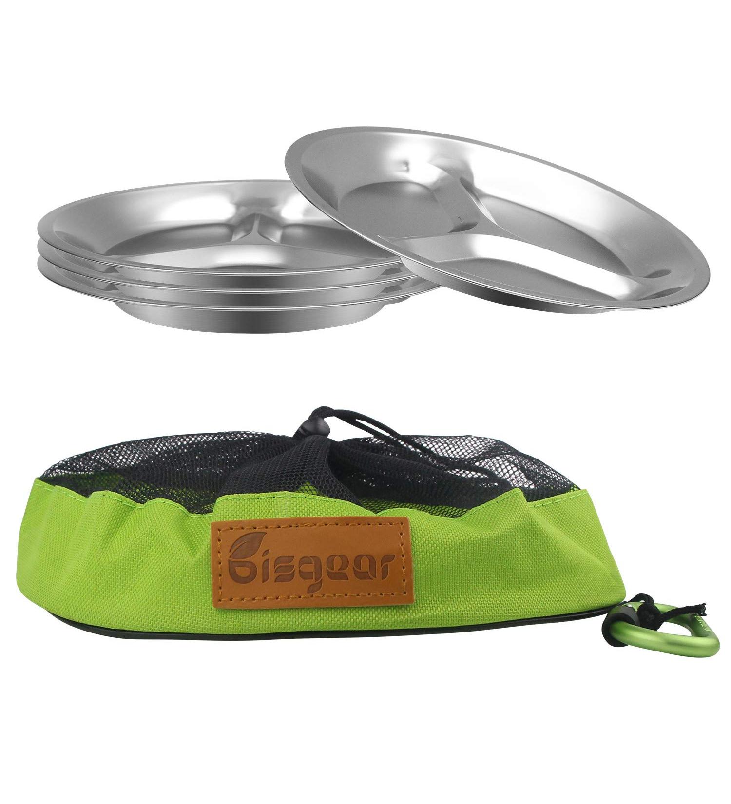 Bisgear 10.25 Stainless Steel Divided Plates Pack of 4 - BPA Free Sectioned Plates for Camping - Lightweight with Mesh Travel Bag - Buy Online on SooperMarket.com