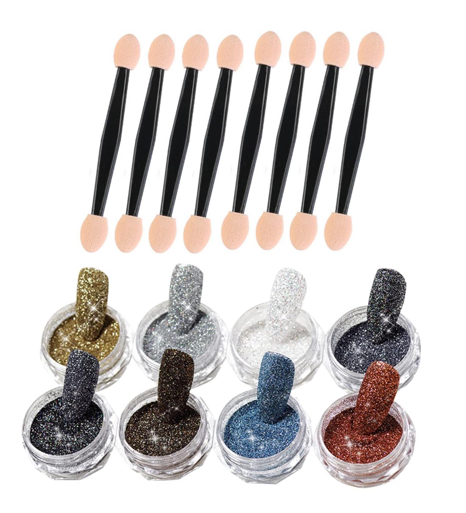 8pcs Metallic Glitter Powder Set for Nail Art Chrome Pigment & Mirror Effect with Eyeshadow Sticks | International Shipping - Buy Online on SooperMarket.com