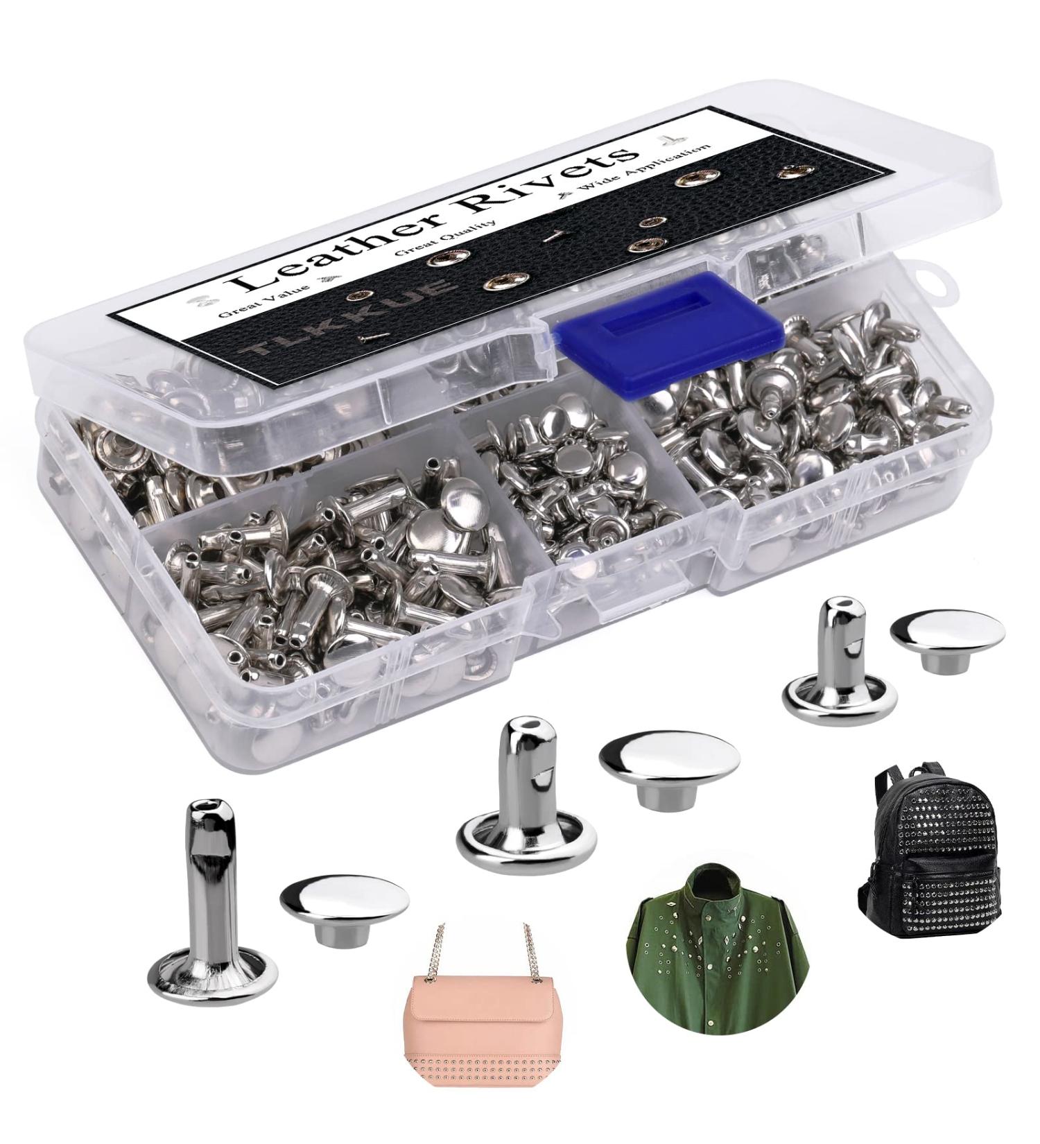 240 Sets TLKKUE Leather Double Cap Rivets - DIY Leather Craft Kit for Bags, Clothes, Shoes, Belts - Silver Decorative Rivets - Buy Online on SooperMarket.com