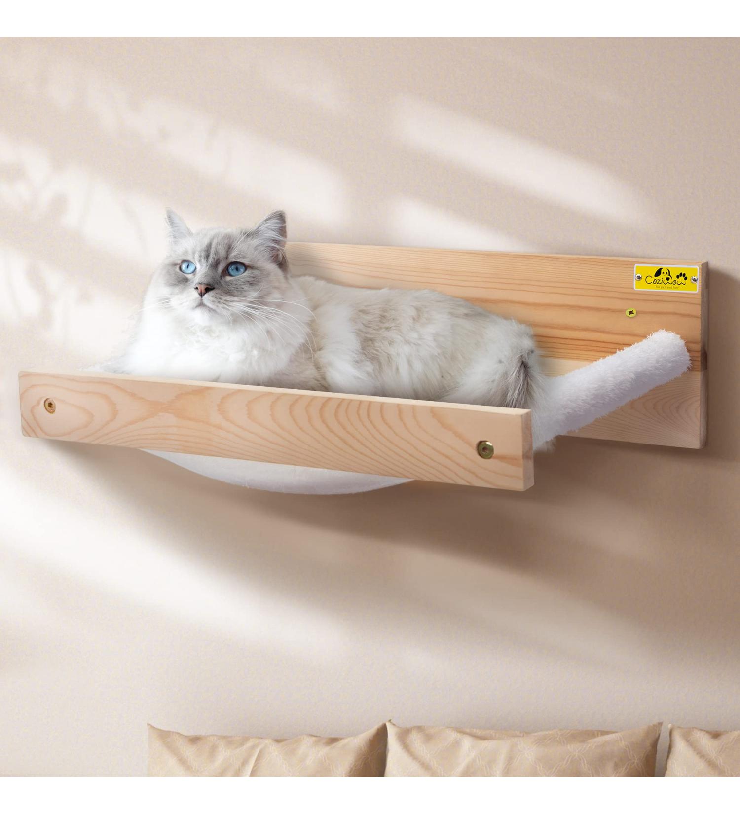 COZIWOW Wall Mounted Cat Hammock Bed - Sturdy Kitty Shelf for Sleeping & Playing | Premium Kitten Furniture - Holds up to 22 lbs | White Flannel - Buy Online on SooperMarket.com