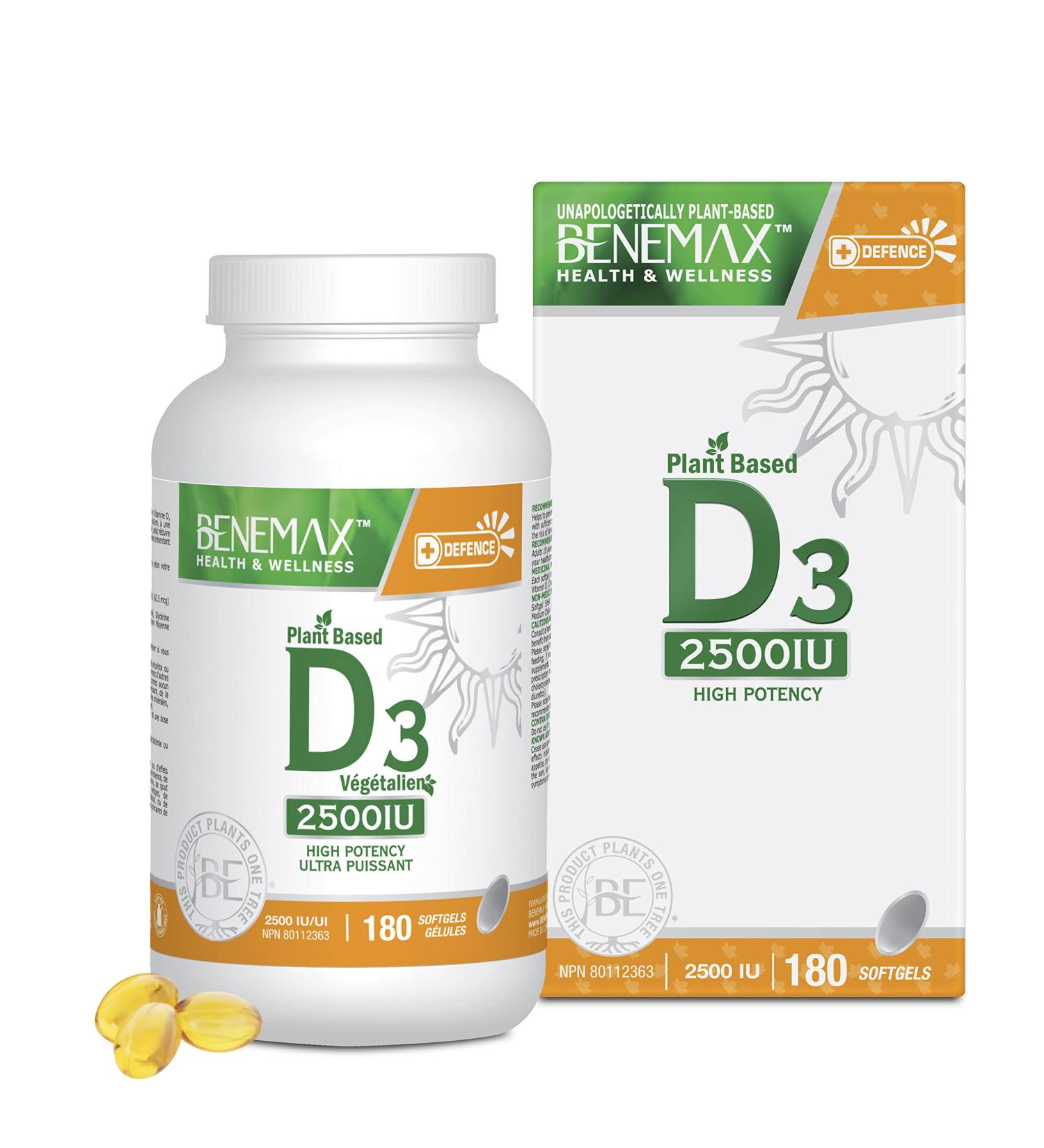 Benemax Vitamin D3 2500 IU For Healthy Bones Teeth and Helps Prevent Vitamin D Deficiency Plant Based & Vegan 180 Day Supply - Buy Online on SooperMarket.com