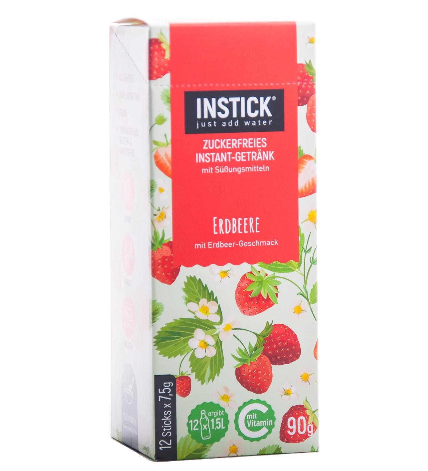 Intick |Sugar -free instant drink - strawberry |1 pack for 12 x 1.5 l |Vegan low in calories with vitamin C flavored instant beverage powder for water