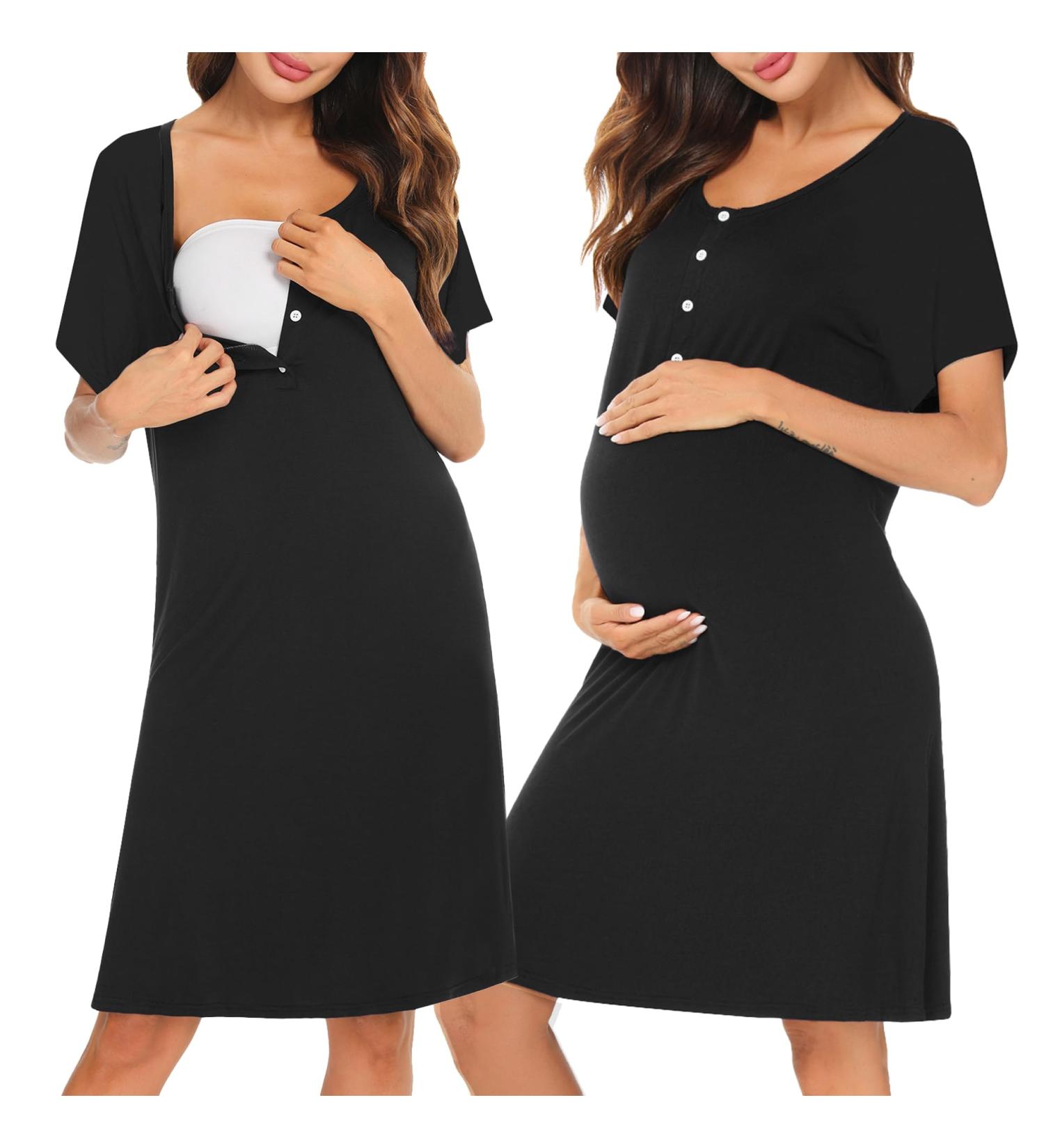 Irdcomps Women's Maternity Nursing Nightdress - Short Sleeve Button Nightgown for Pregnancy - Black XL - Buy Online on SooperMarket.com