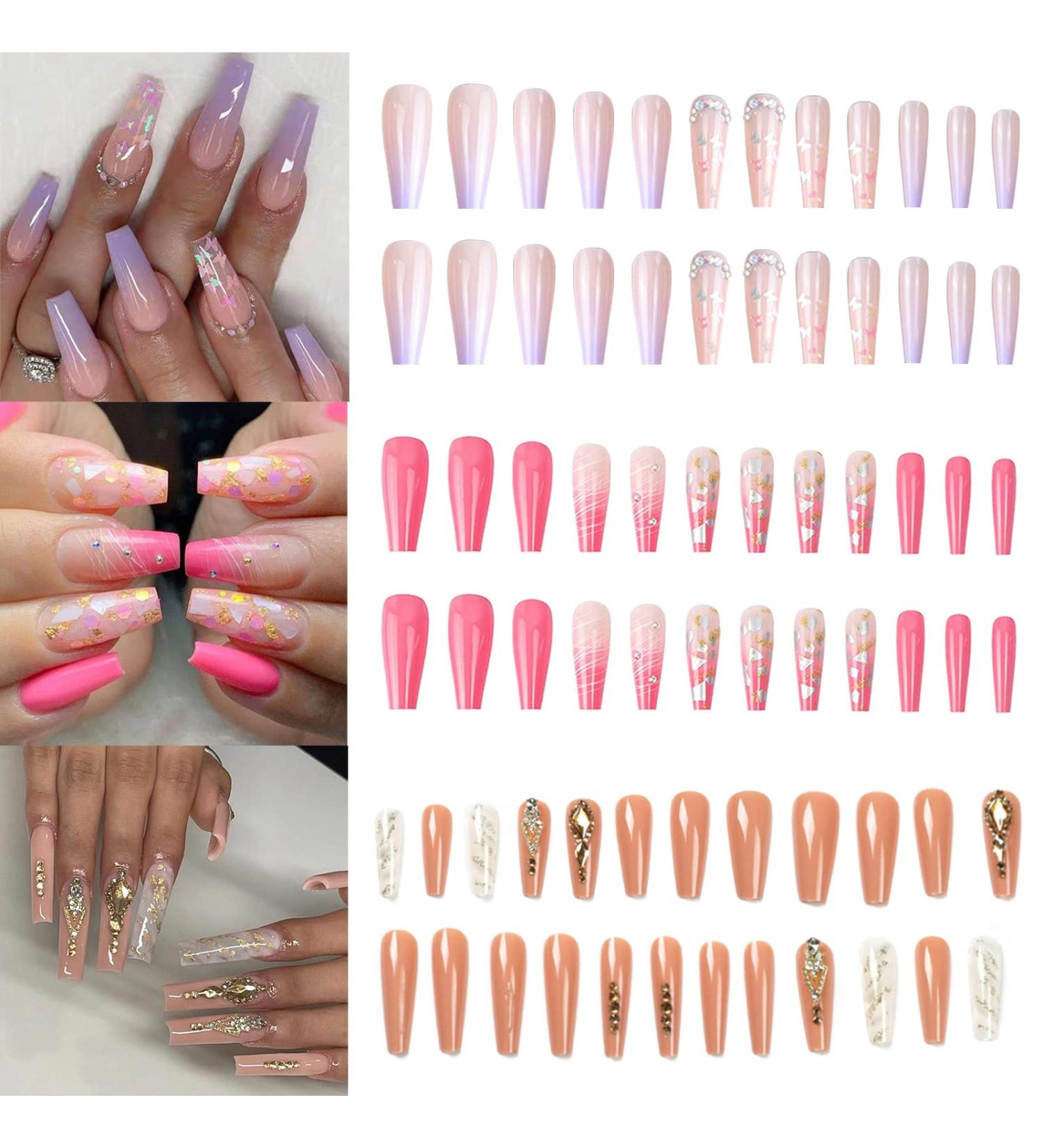 Long Coffin Press on Nails 3 Pack (72 PCS) with Glue Sticker and File - Full Cover Fake Nails for Women, Girls, Teens - Purple Pink Blue Ballet False Nails - Buy Online on SooperMarket.com