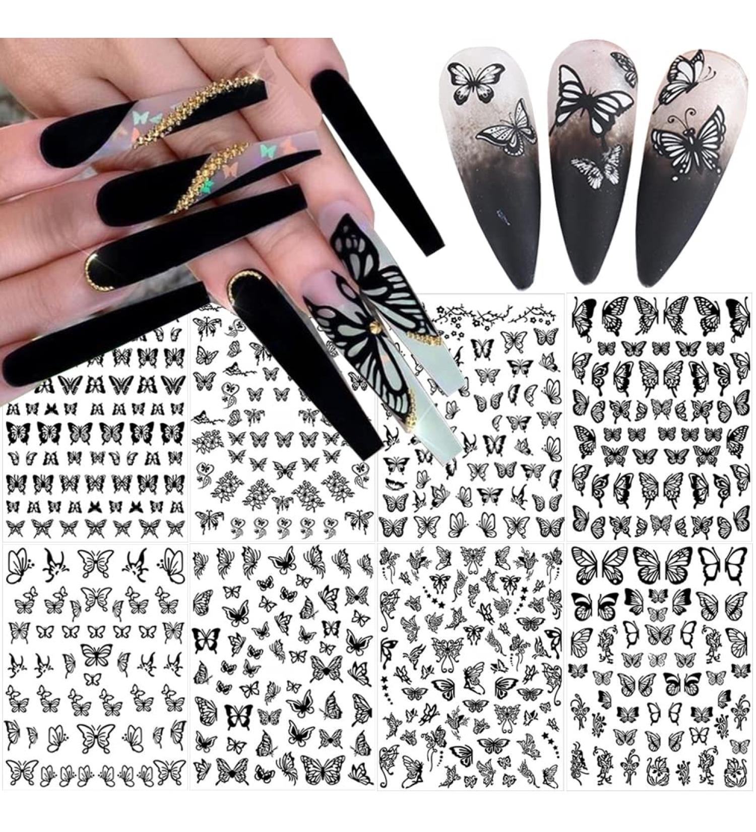 Black Retro Butterfly Nail Art Stickers - 8 Sheets Adhesive Decals for Acrylic Nails Decoration - Buy Online on SooperMarket.com