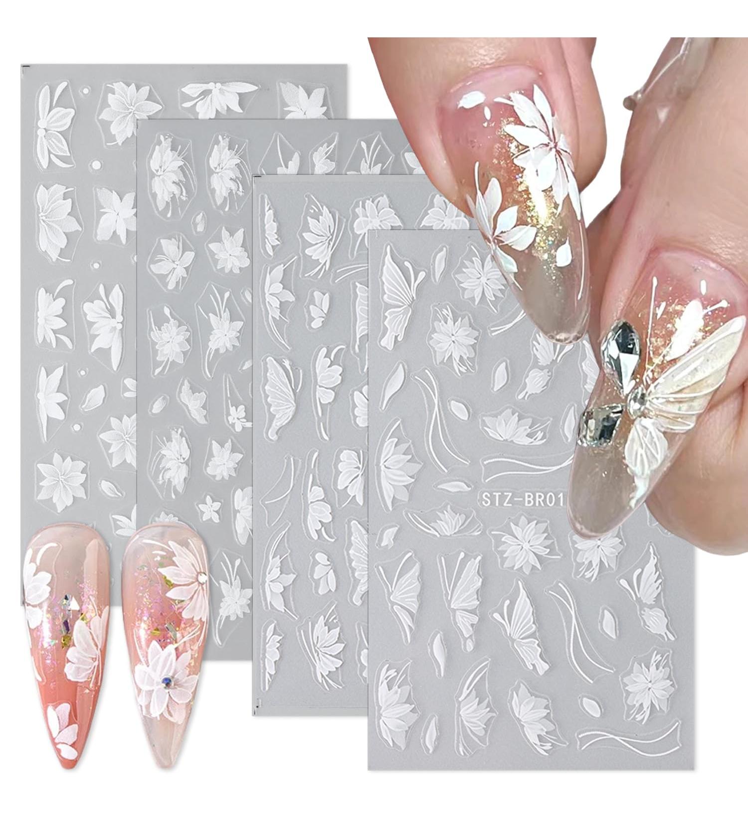 White Flowers Nail Art Stickers | 5D Self-Adhesive Floral & Butterfly Decals for DIY Manicure | 4 Sheets of Embossed Nail Design - Buy Online on SooperMarket.com