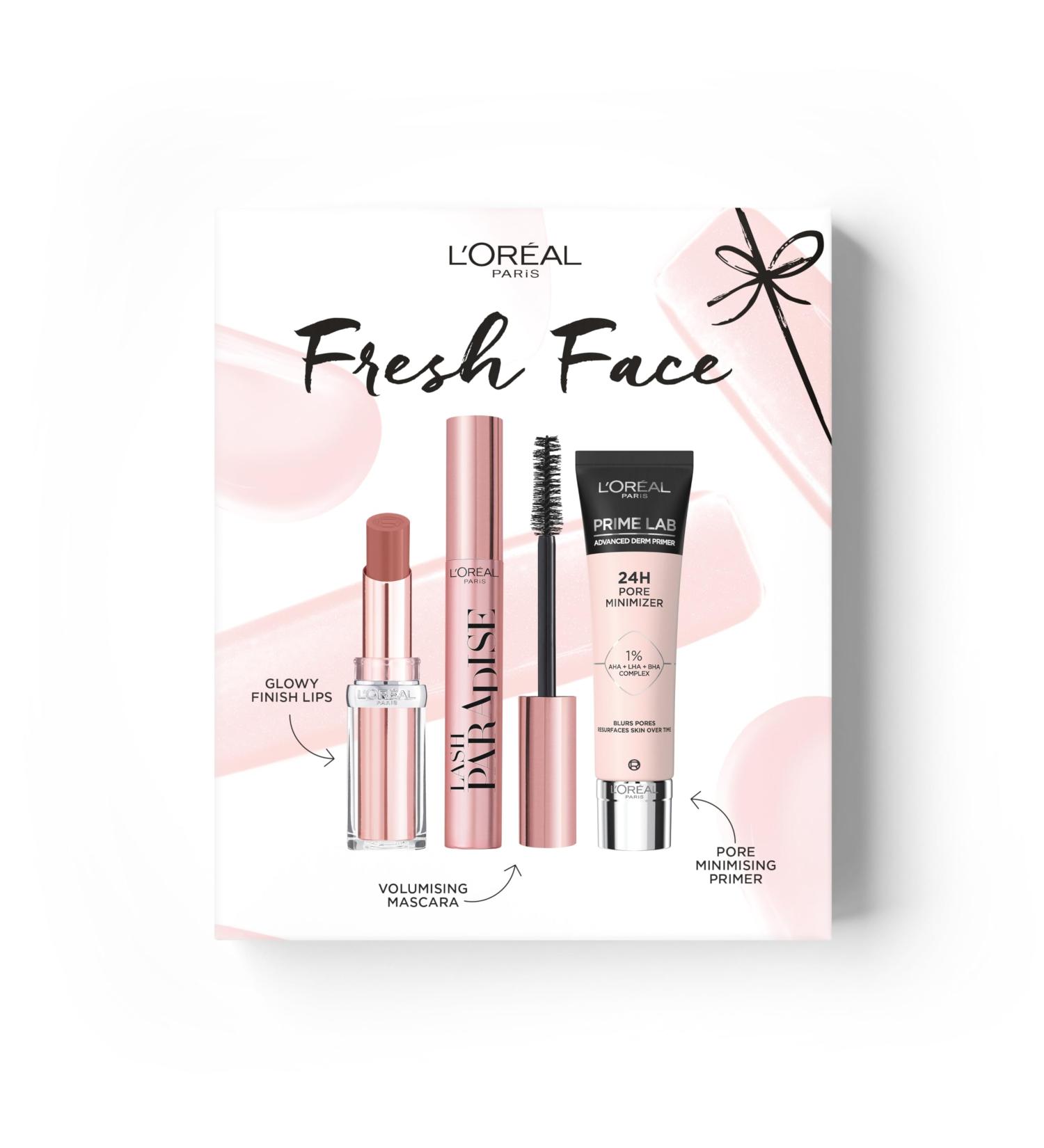L'Or al Paris Fresh Face Trio Gift Set Prime Lab 24H Pore Minimiser Primer Hydrating Balm-In-Lipstick In 191 Nude Heaven & Lash Paradise Mascara Enriched With Lash-Loving Castor Oil Set L'Or al Paris Fresh Face Trio Gift Set - Buy Online on SooperMarket.com