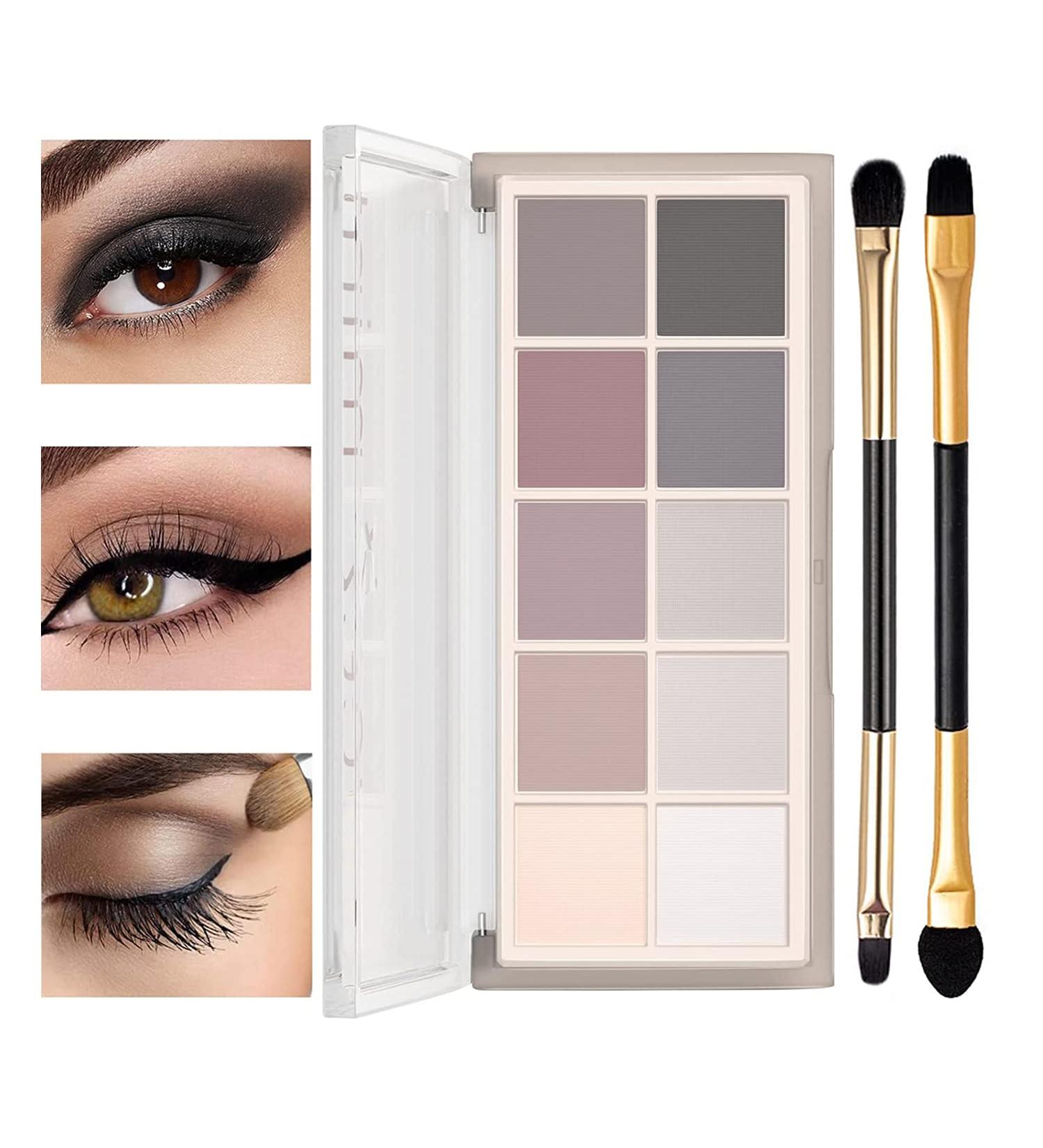 10 Colors Waterproof Matte Eyeshadow Palette | Long-Lasting High Pigment Formula | Ultra-Blendable Nude Shades | Includes 2 Brushes | Cement Color - Buy Online on SooperMarket.com