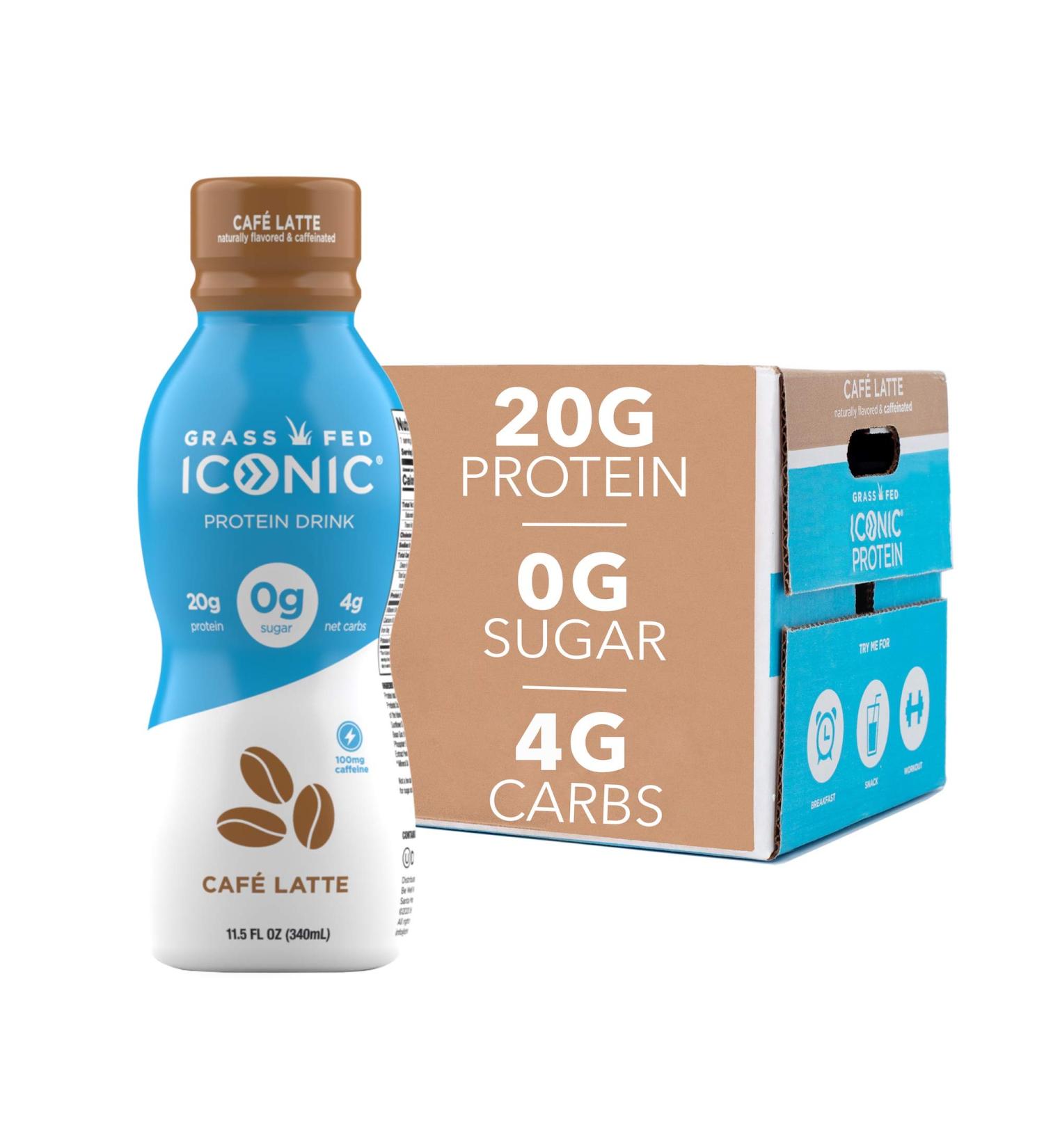 ICONIC Beverages Protein Drinks  Cafe Latte  Low Carb  High Protein  20G Protein + 180mg Caffeine  Grass Fed  Lactose Free  Gluten Free  Non-GMO  Kosher  Keto Friendly  11.5 Fl Oz (Pack of 12) - Buy Online on SooperMarket.com