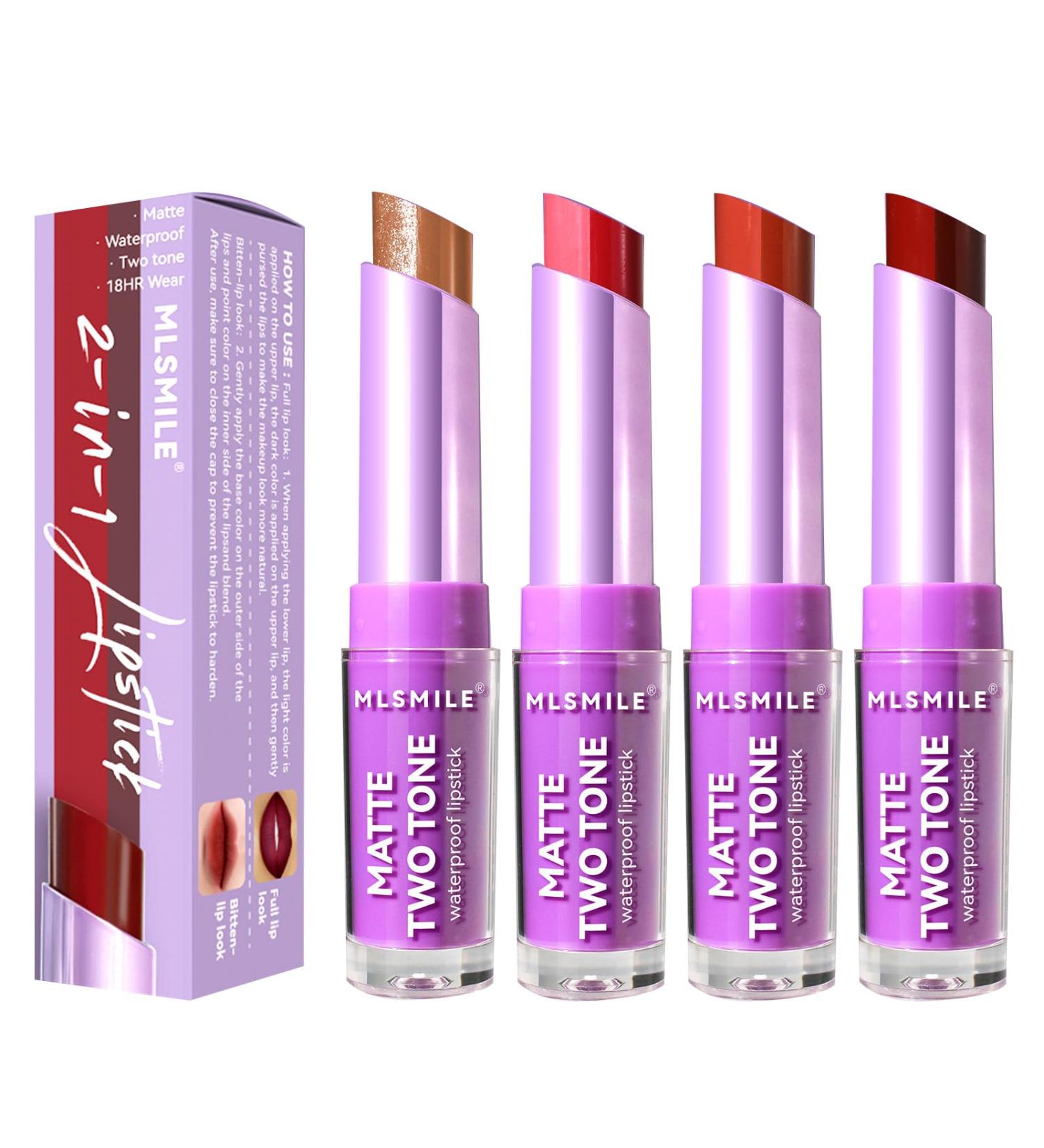 Gireatick 4pcs Two-tone Lipstick set 3 Matte + 1 Glitter Silky Texture Velvet Lipstick 2 in 1 Lipstick and Lip Liner for Long Lasting Bitten Lip-look Lip Makeup - Buy Online on SooperMarket.com