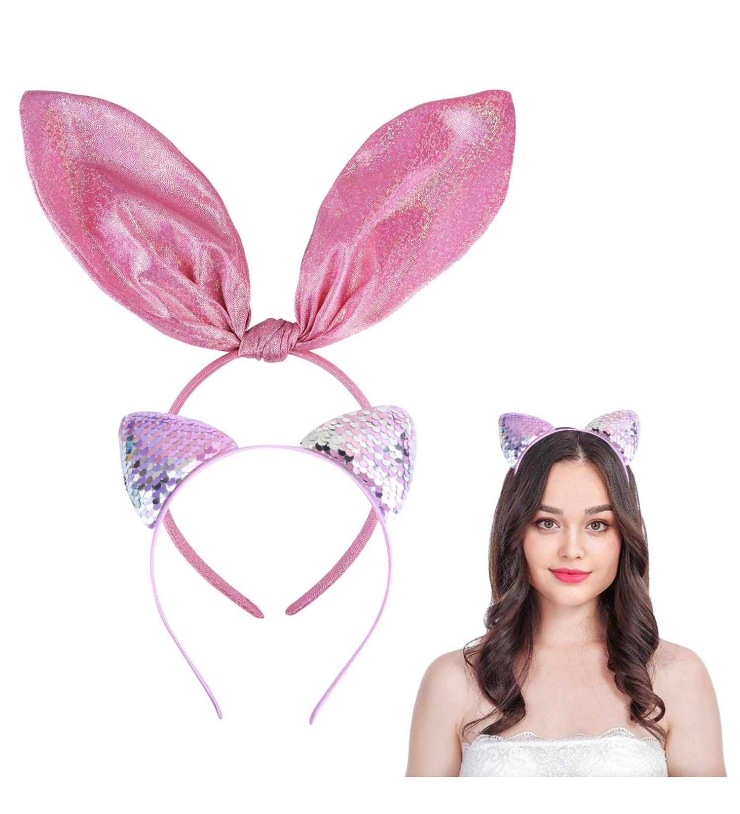 Sequin Cat Ears Headbands and Bunny Ear Headbands Shiny Hairbands Glittery Hair Hoops Hair Accessories for Easter Daily Wearing Party Decoration and Cosplay Accessories (Pink) - Buy Online on SooperMarket.com