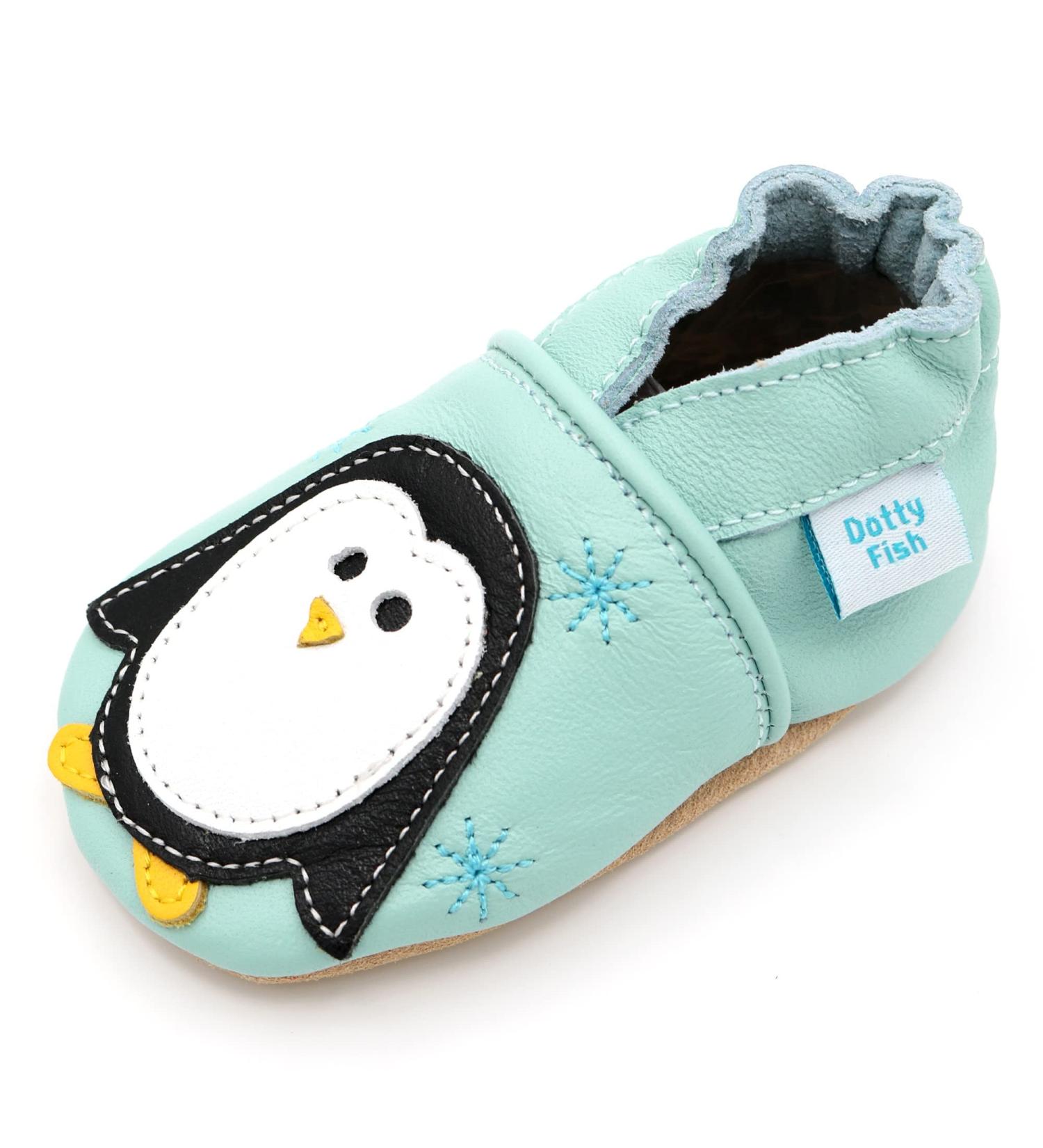 Dotty Fish Soft Leather Baby Shoes for Boys | Non Slip Toddler Shoes with Cute Penguin Design | 3-4 Years Minty Blue - Buy Online on SooperMarket.com