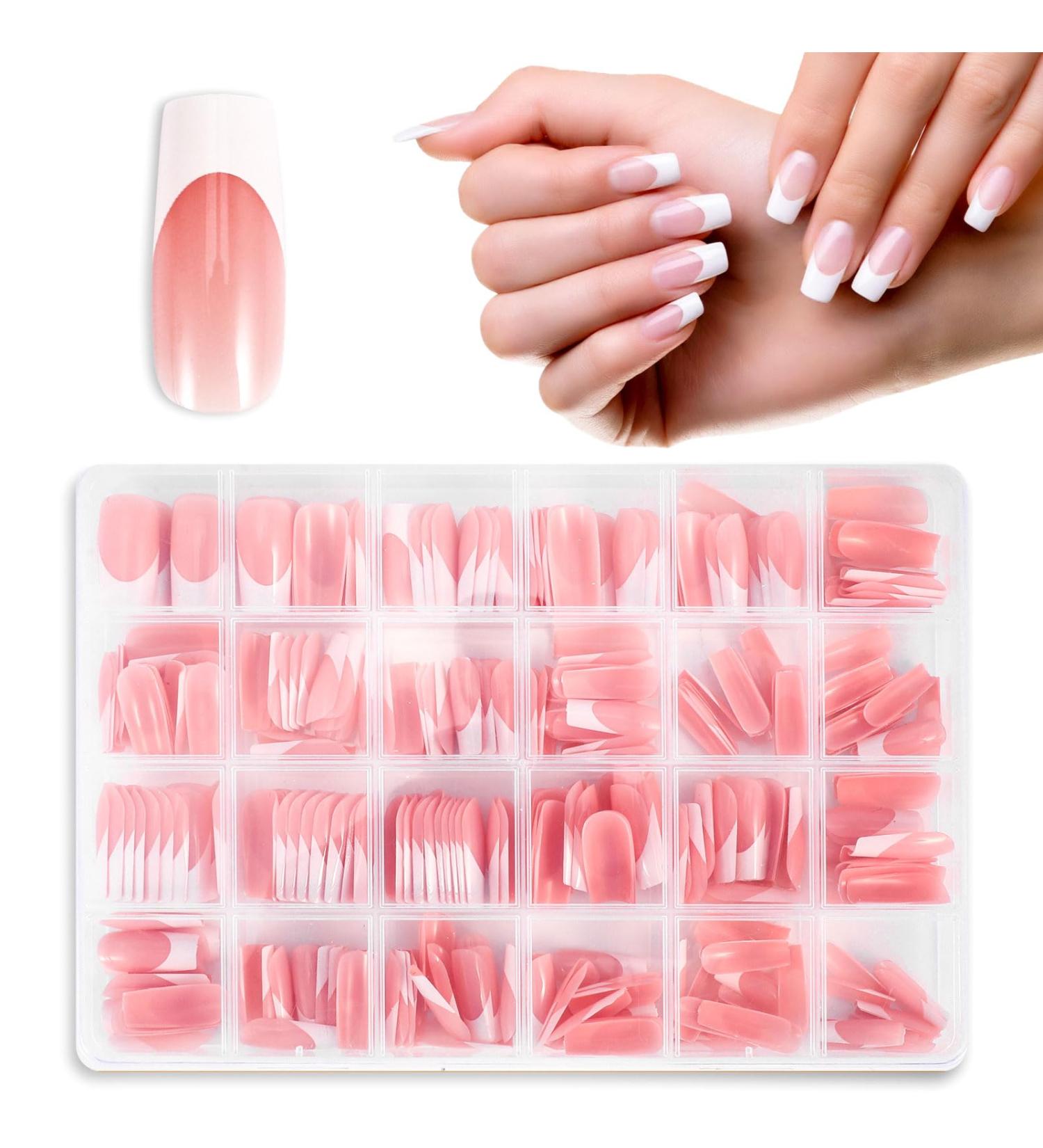 360 Pieces French Tip False Nails - Acrylic Full Cover Press-On Long Nail Tips | Nude Color Fake Nails for Women & Girls | Nail Art Manicure Decorations - Buy Online on SooperMarket.com