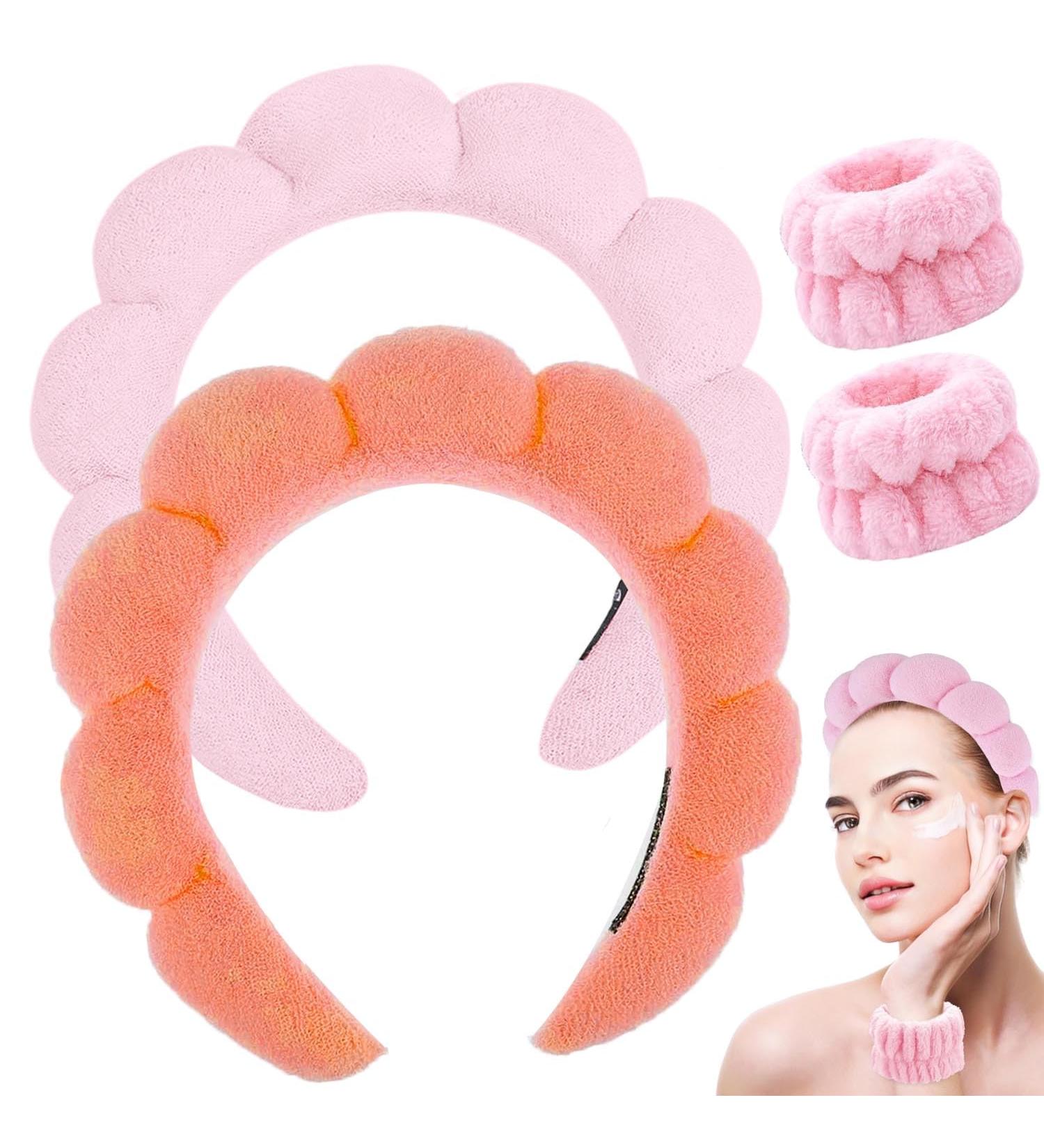 Spa Headband Set | Terry Cloth Headband for Women | Bubble Skincare Headbands | Face Wash Wristbands | Soft Puffy | Pink+Orange - Buy Online on SooperMarket.com