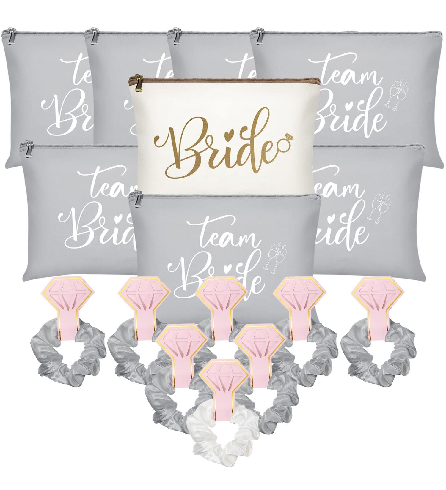 Bride Gift Set - 24 Pieces Bachelorette Proposal, Makeup Bags, Hair Scrunchies, Satin Hair Ties, Wedding Cards - Silver & Gold Theme - Buy Online on SooperMarket.com