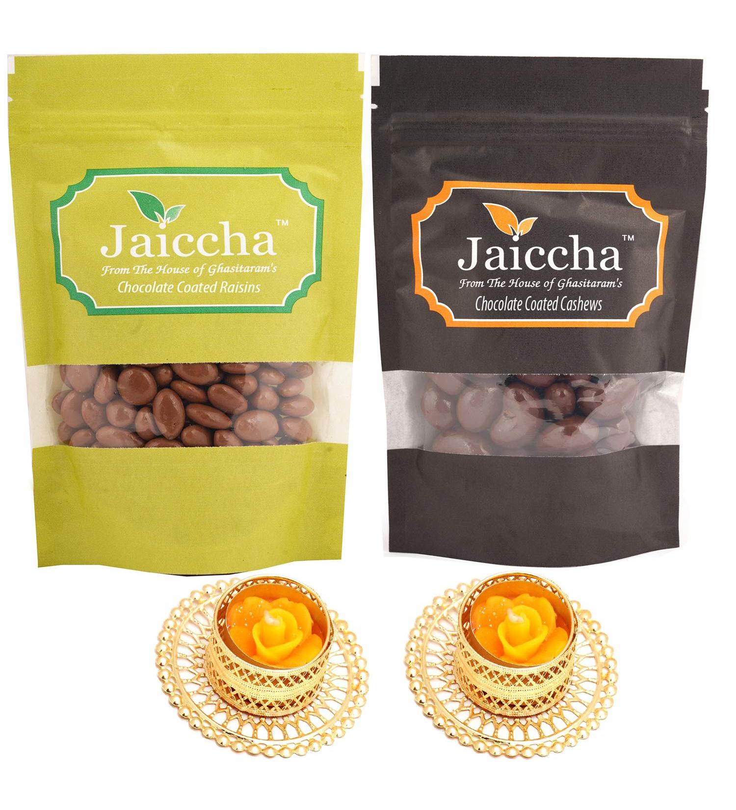 Jaiccha Ghasitaram Diwali Gifts Chocolate - Chocolate Coated Cashews 100 GMS and Rasins 100 GMS with 2 T-Lites - Buy Online on SooperMarket.com