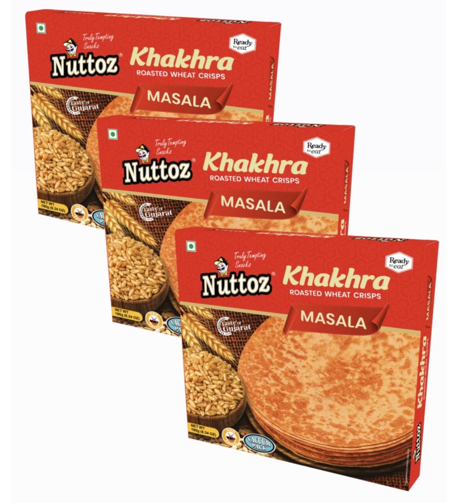 Nuttoz MASALA Khakhra ROASTED WHEAT CRISPS 180g (PACK OF 3) 180.00 g (Pack of 3) - Buy Online on SooperMarket.com
