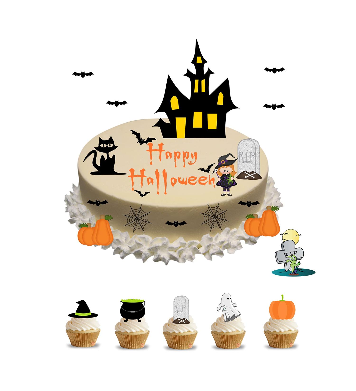 edible Halloween Scary Haunted House Stand Up Scene Made from Edible Wafer Card Perfect for Decorating Your birthday and Halloween Cakes- childrens kids party Standing Cupcake Cake Toppers 25 pieces - Buy Online on SooperMarket.com