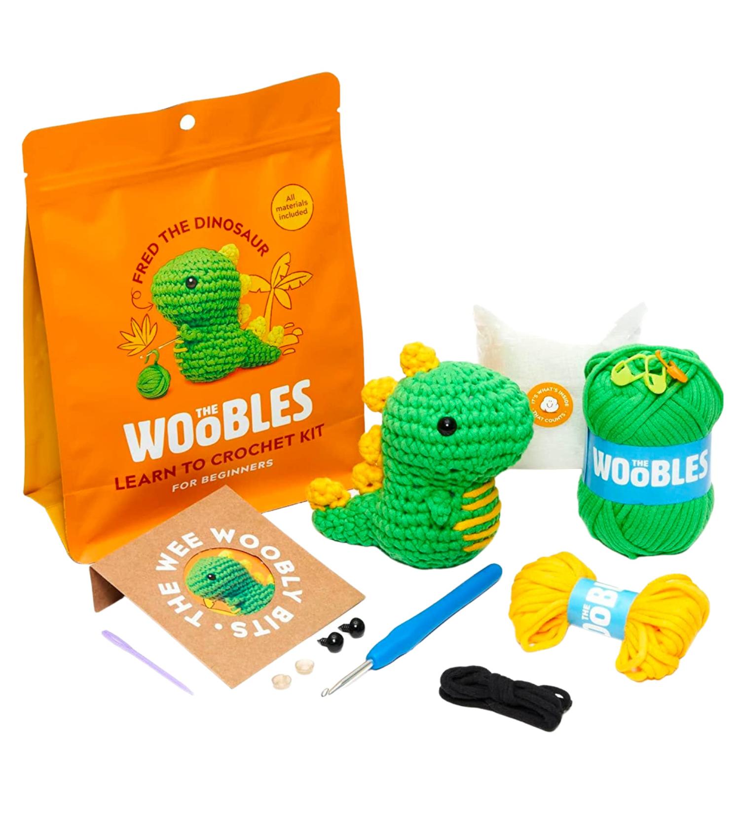 Woobles Beginners Crochet Kit with Easy Peasy Yarn - Step-by-Step Video Tutorials - Fred The Dinosaur - Buy Online on SooperMarket.com