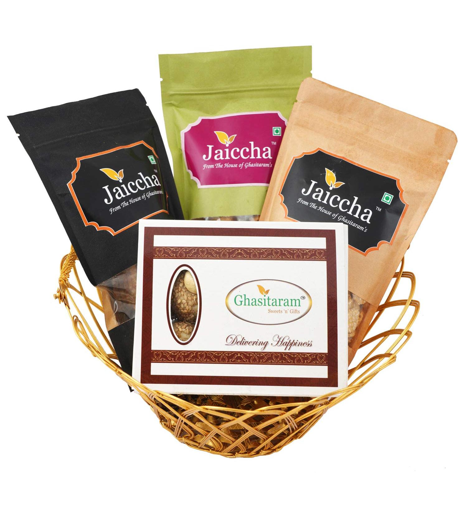 Ghasitaram Gifts Jaiccha Lohri Sweets Golden Basket of Til Gachak Lohri Khajoor Gud Rewadi and Mawa Til Laddoo (Bhuga)|Gift for Diwali Holi Rakhi Valentine Christmas Birthday Anniversary Her Him| - Buy Online on SooperMarket.com
