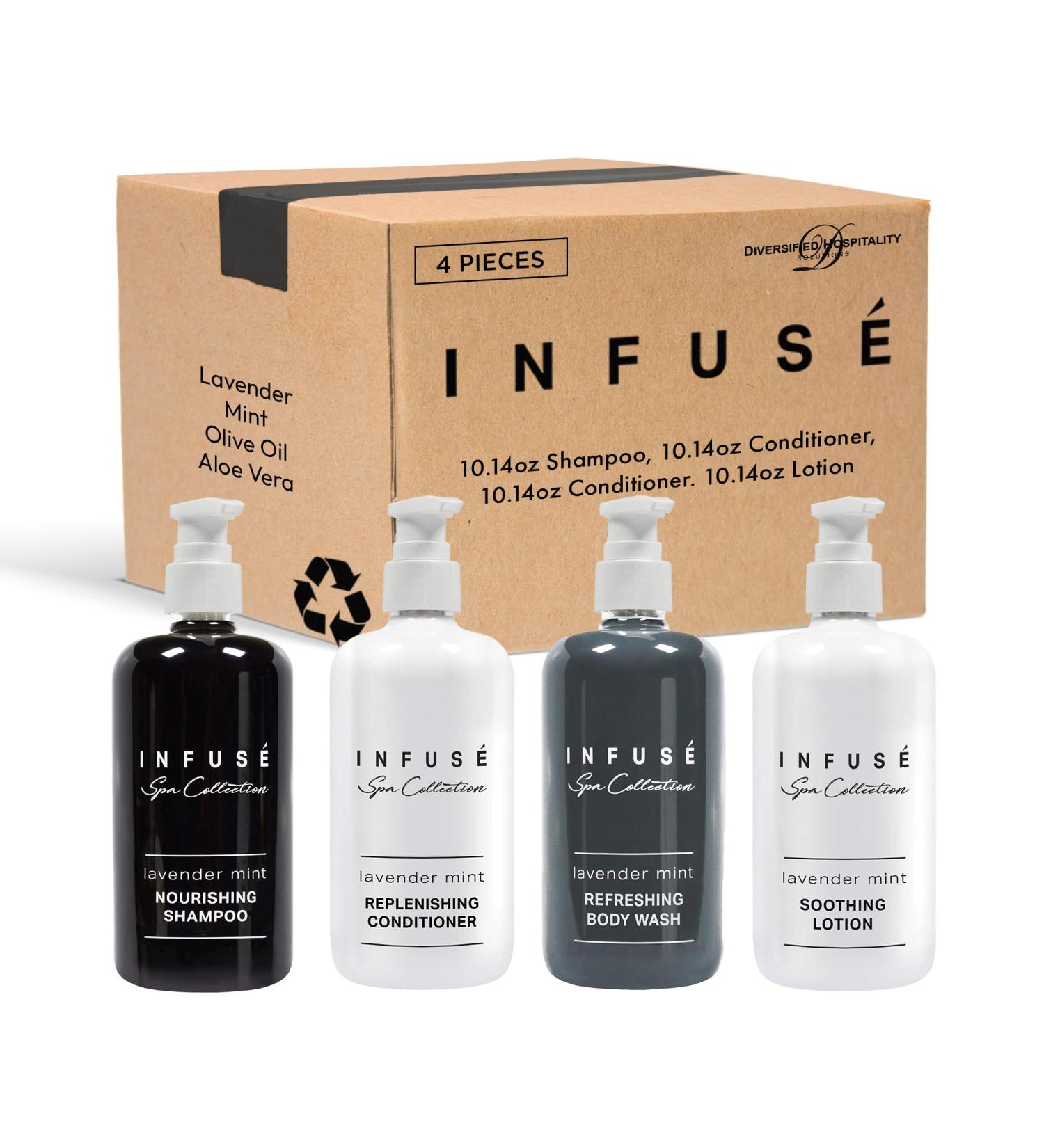 Infuse Lavender Mint Spa Collection Set | 10.14 oz Shampoo Conditioner Hand/Body Wash & Lotion - Luxury Amenities for Hotels & Home - Buy Online on SooperMarket.com