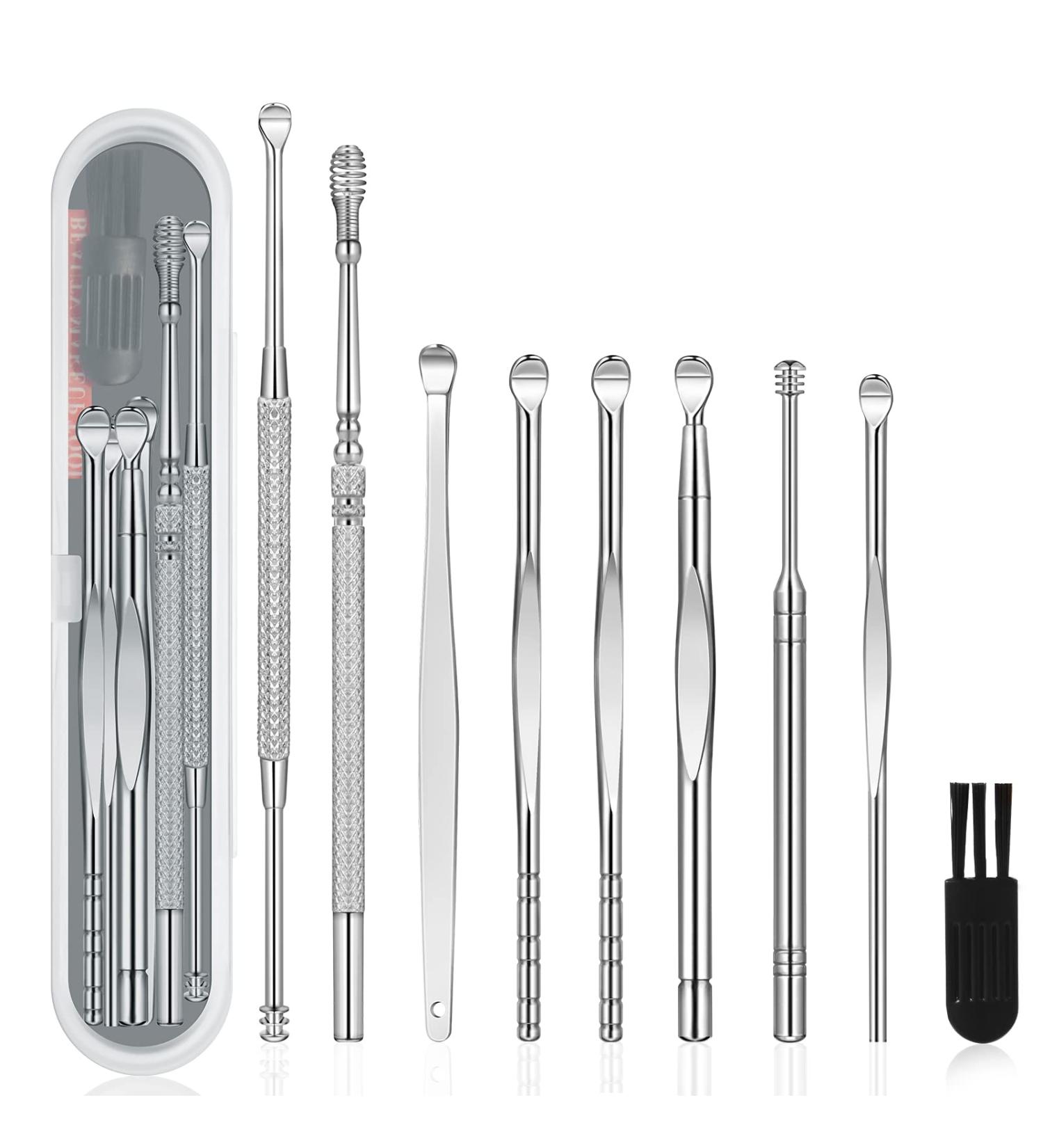 9 Pcs Ear Pick Earwax Removal Kit Ear Cleansing Tool Set Ear wax Removal Tool Ear Curette Ear Wax Remover Tool with a Cleaning Brush and Storage Box Medical Grade for Children and Adults Silver - Buy Online on SooperMarket.com