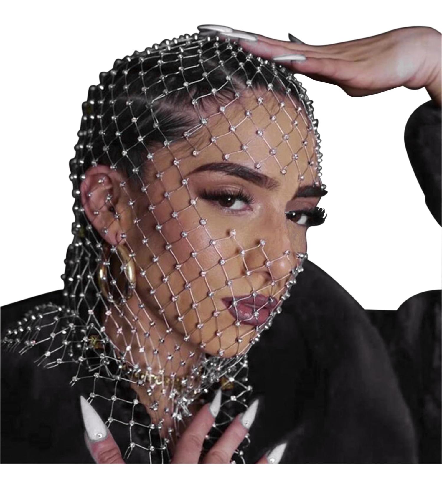 Crystal Mesh Mask Mesh Rhinestone Headband Face Veil Headband Fishnet Headpiece Crystal Nightclub Headwrap White - Buy Online on SooperMarket.com