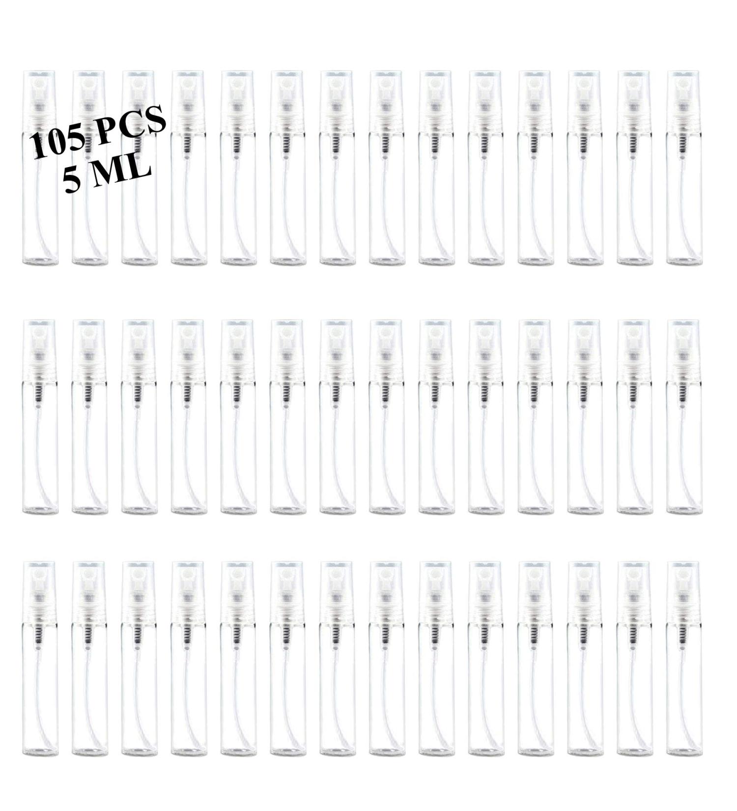 105PCS Mini Spray Bottles - 5ML Clear Glass Perfume Containers for Fragrance, Cosmetics, Essential Oils - Refillable, Fine Mist Atomizer for Travel - Empty Sample Spray Bottles for Cleaning - Buy Online on SooperMarket.com