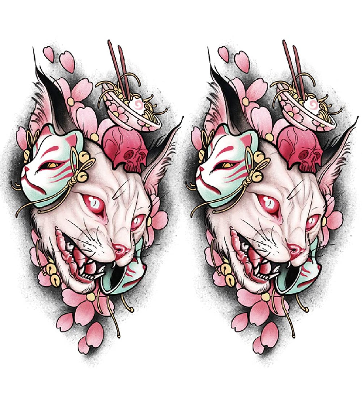Oottati 2 Sheets Waterproof Temporary Tattoo Stickers - Pink Japanese Mask & Canadian Hairless Cat Skull Design for Arm, Thigh, Leg - Perfect for Leg, Back, Thigh - Buy Online on SooperMarket.com