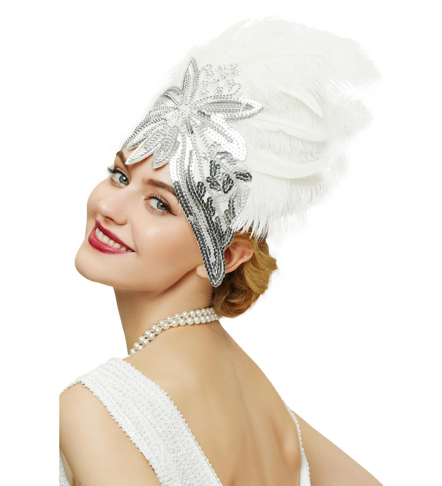 BABEYOND Carnival Feather Headpiece - White 1920s Flapper Showgirl Headband - Buy Online on SooperMarket.com