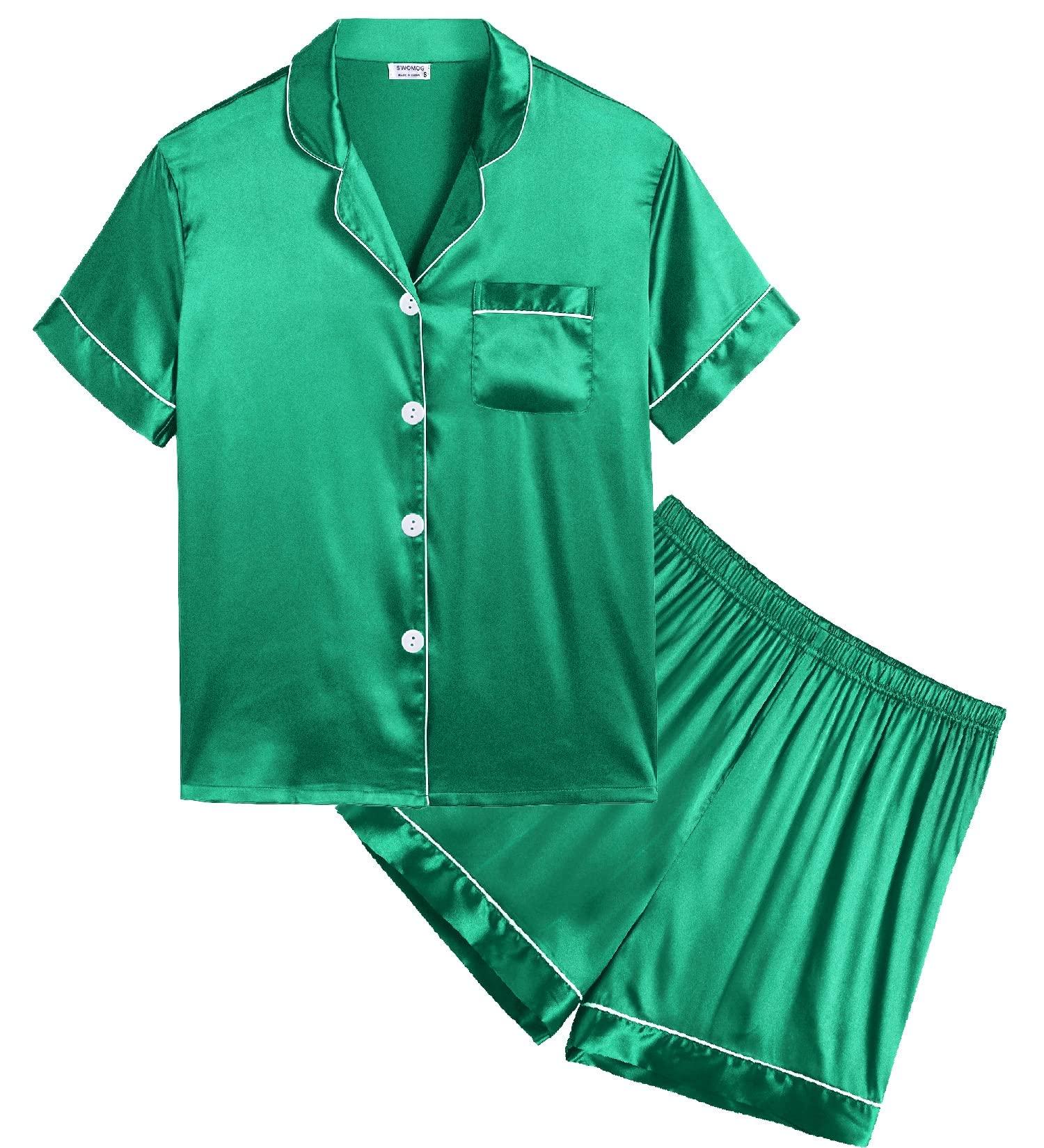 SWOMOG Kids Silk Pyjamas Set - Short Sleeve Button-Down Satin PJs for Boys & Girls | Emerald Green | Ages 4-16 - Buy Online on SooperMarket.com