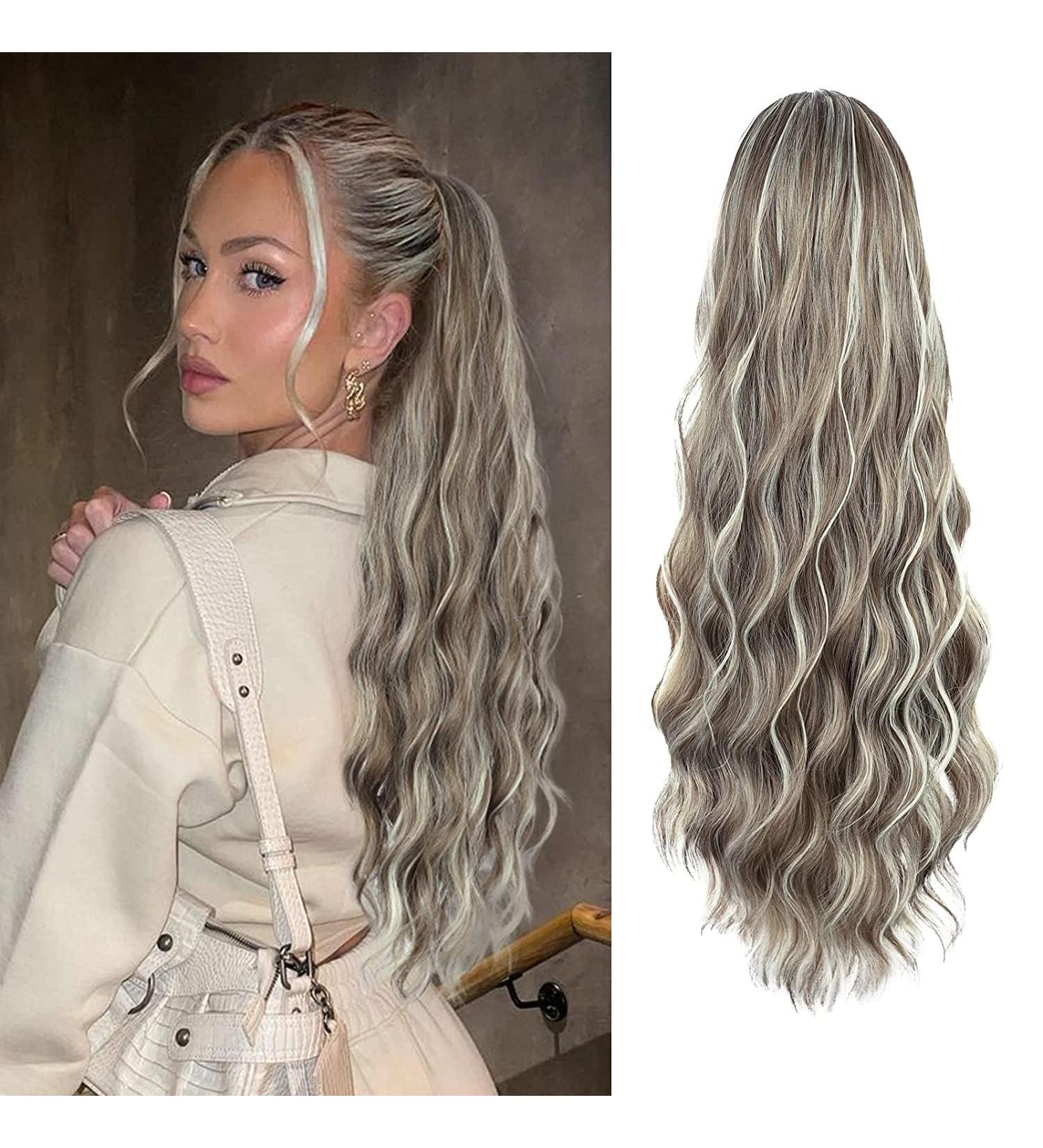 YEESHEDO Long Wavy Drawstring Ponytail Extension 26 Ash Blonde with Platinum Highlights - Buy Online on SooperMarket.com