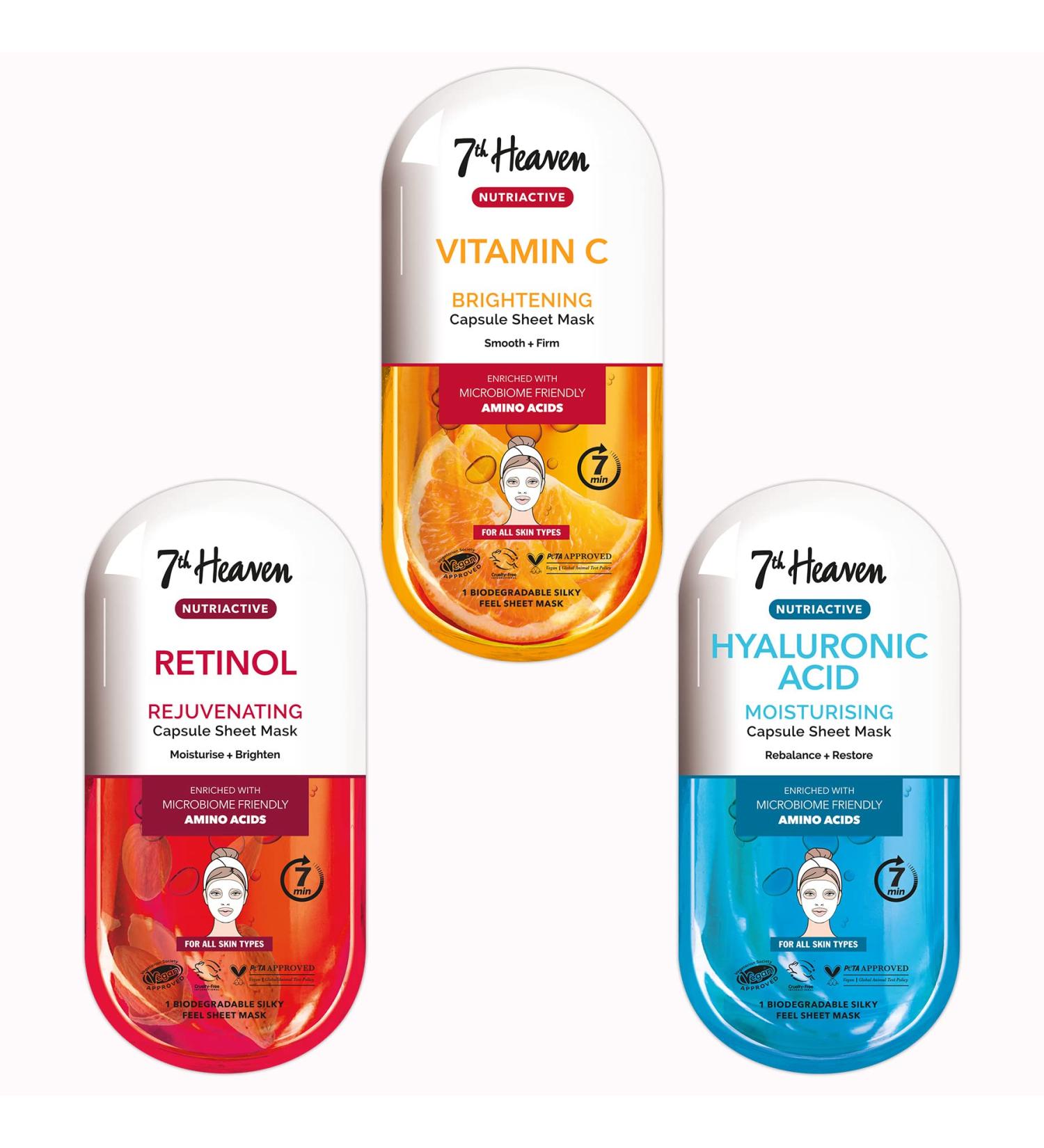 7th Heaven Nutriactive Skincare - 3 Face Sheet Masks - Hyaluronic Acid Vitamin C and Retinol - Buy Online on SooperMarket.com