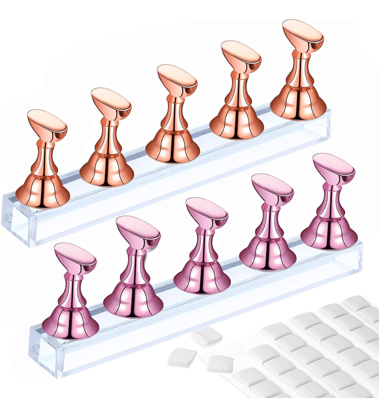 2 Set Acrylic Nail Practice Stand - Magnetic Nail Tip Art Display Holder with Reusable Adhesive Putty - Rose Golden & Metal Pink - Ideal for Home Salon - Buy Online on SooperMarket.com