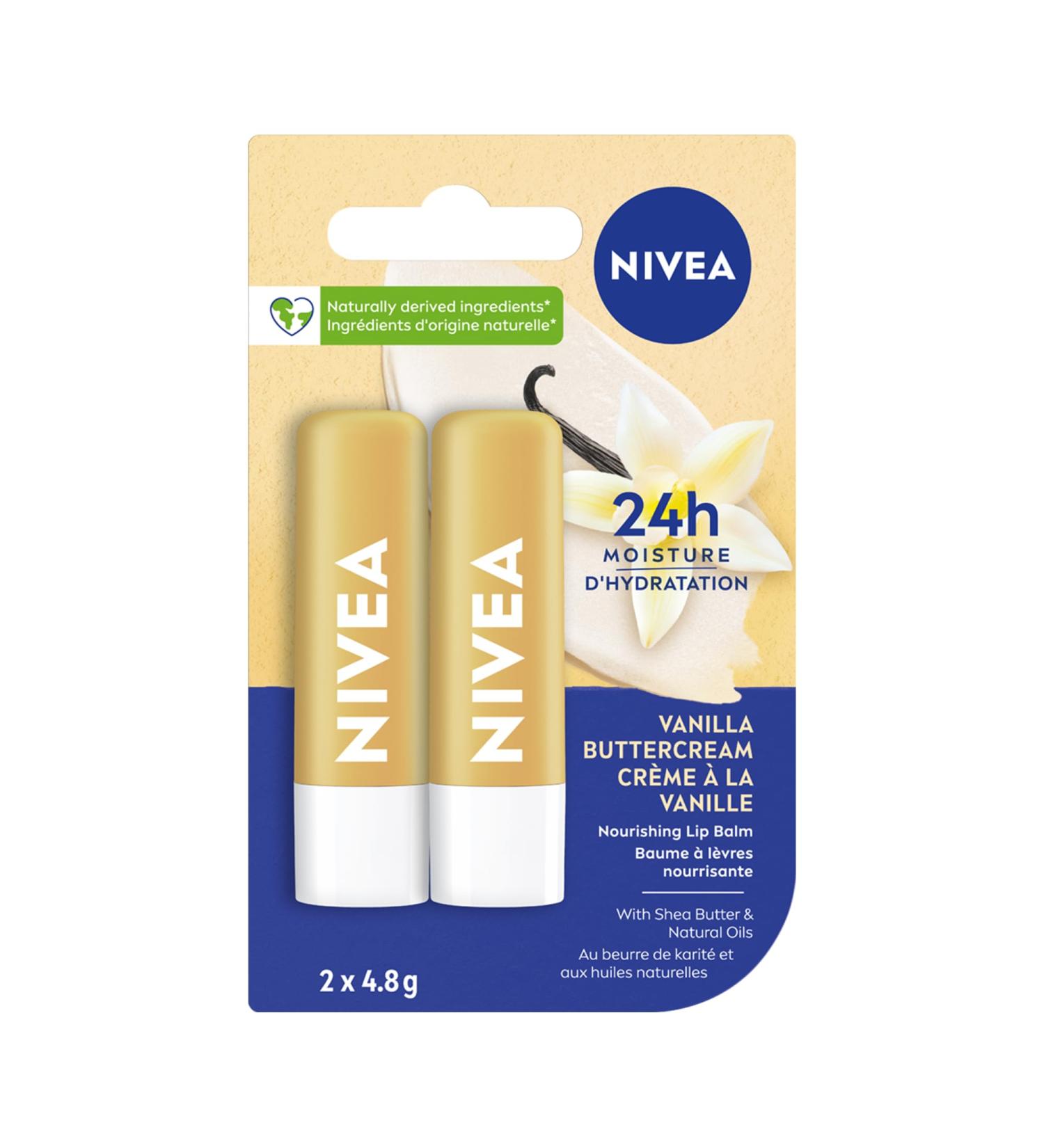 NIVEA Vanilla Buttercream Lip Balm | Made with Jojoba Oil & Shea Butter | Keeps lips moisturized for 24H | 2 x 4.8g tubes - Buy Online on SooperMarket.com