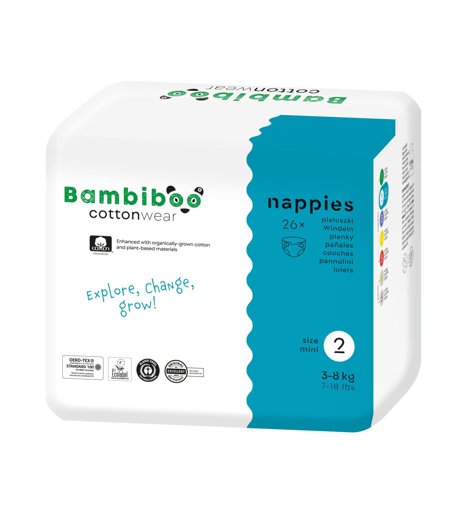 Bambibo Baby Diapers Size 2 Mini (3-8 kg) - Organic Cotton Disposable Diapers with Umbilical Neckline - 26 Pieces - Buy Online on SooperMarket.com