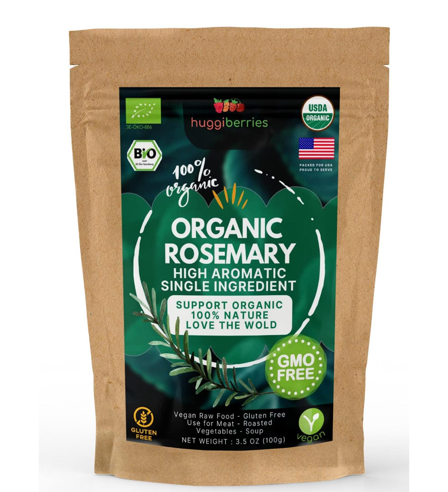 Huggiberries Organic Rosemary Leaves-Spice 3.5 OZ (100g) - Pure High Aromatic Flavor for Meat, Vegetables & Soup | USDA Approved, GMO & Gluten Free, Raw Vegan - Immunity Boosting & Wellness Support - Buy Online on SooperMarket.com