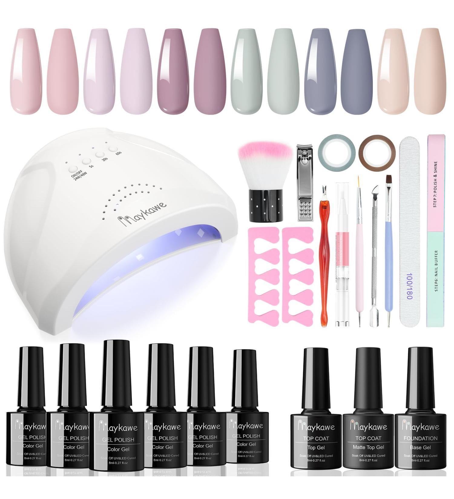 Maykawe Gel Nail Polish Set with 48W Nail Lamp - 6 Nude, Gray, Pink, Purple Colors - Base Top Coat, Manicure Tools - Shellac Nail Art Kit for Beginners - Home Salon Starter Kit - Buy Online on SooperMarket.com