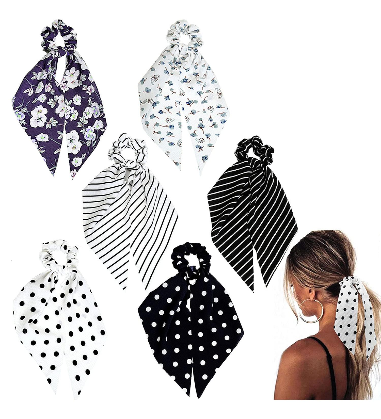 Funlovin Black White Scarf Scrunchie Hair Ribbon Ties Set - Elegant Ponytail Scrunchies with Tails for Women (6pcs) - Buy Online on SooperMarket.com
